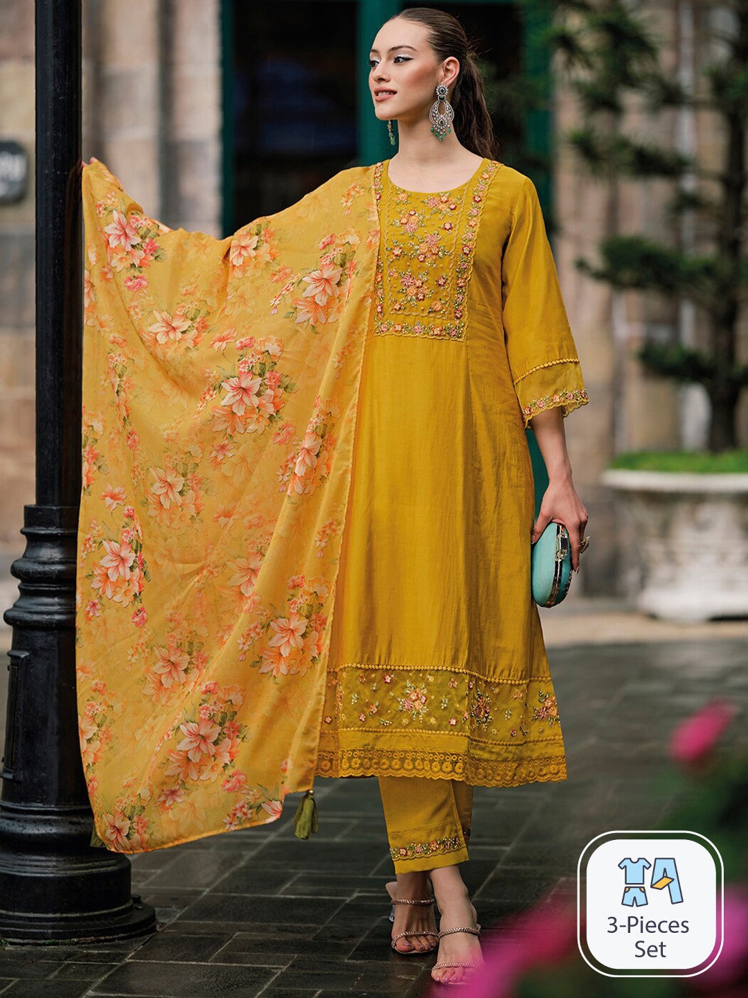 

Indo Era Floral Yoke Design Thread Work Kurta & Trousers With Dupatta, Yellow