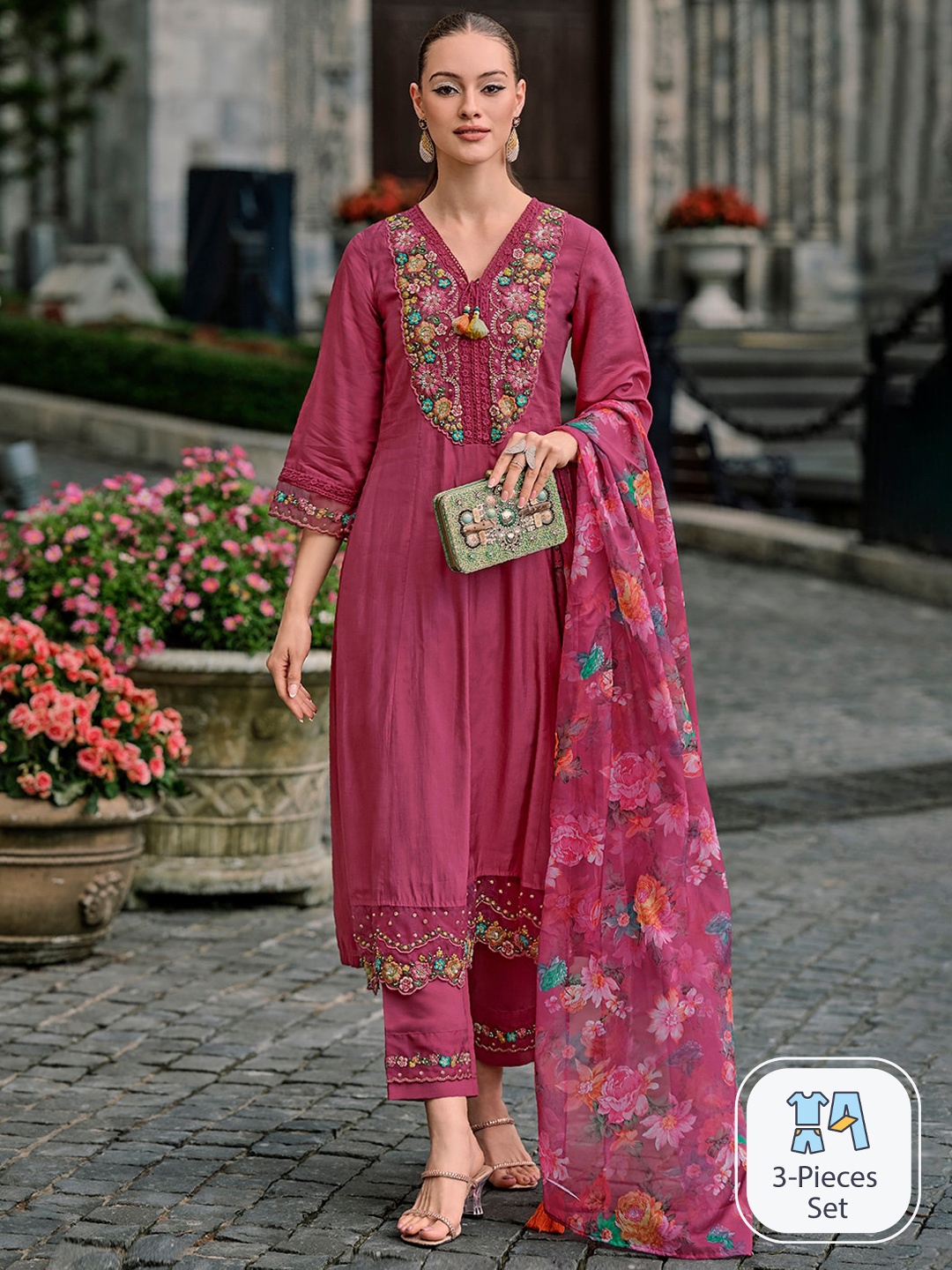 

Indo Era Floral Yoke Design Thread Work A-Line Kurta With Trousers & Dupatta, Pink