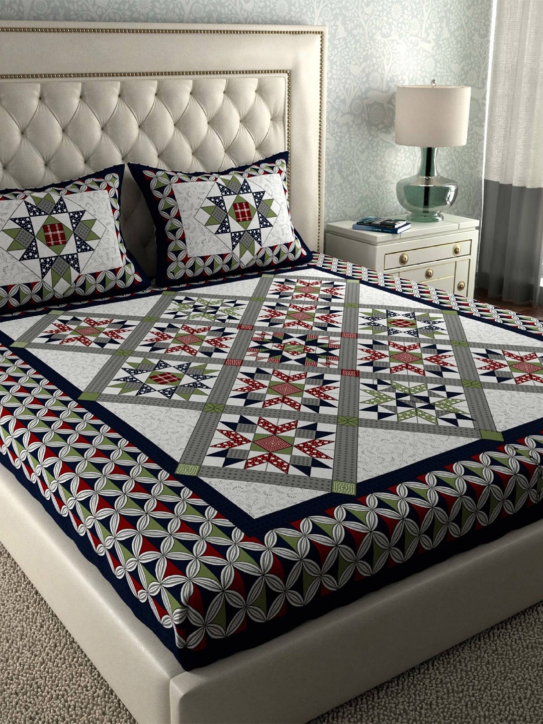 

CLOTHOLOGY Navy Blue & Off White Ethnic Motifs 104 TC Queen Bedsheet With 2 Pillow Covers