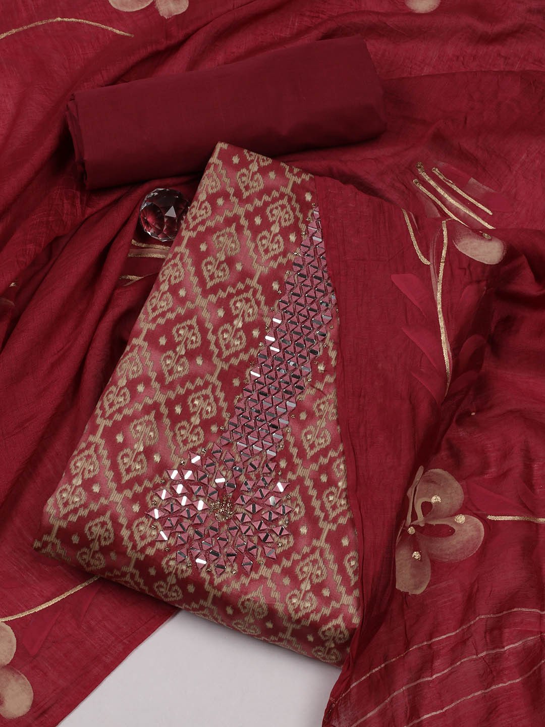 

Meena Bazaar Ethnic Motifs Printed Mirror Work Unstitched Dress Material, Maroon