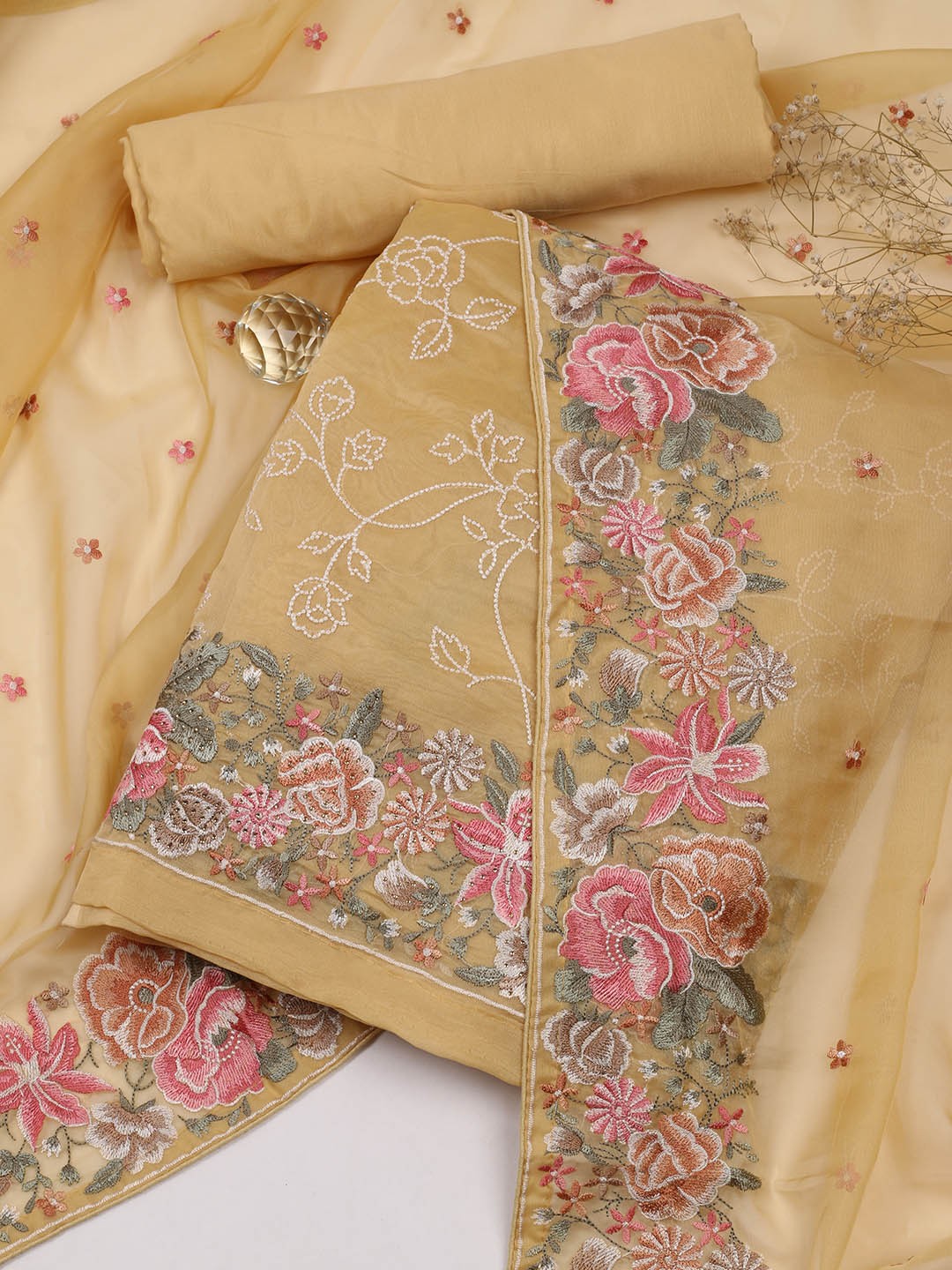 

Meena Bazaar Floral Embroidered Organza Unstitched Dress Material, Yellow