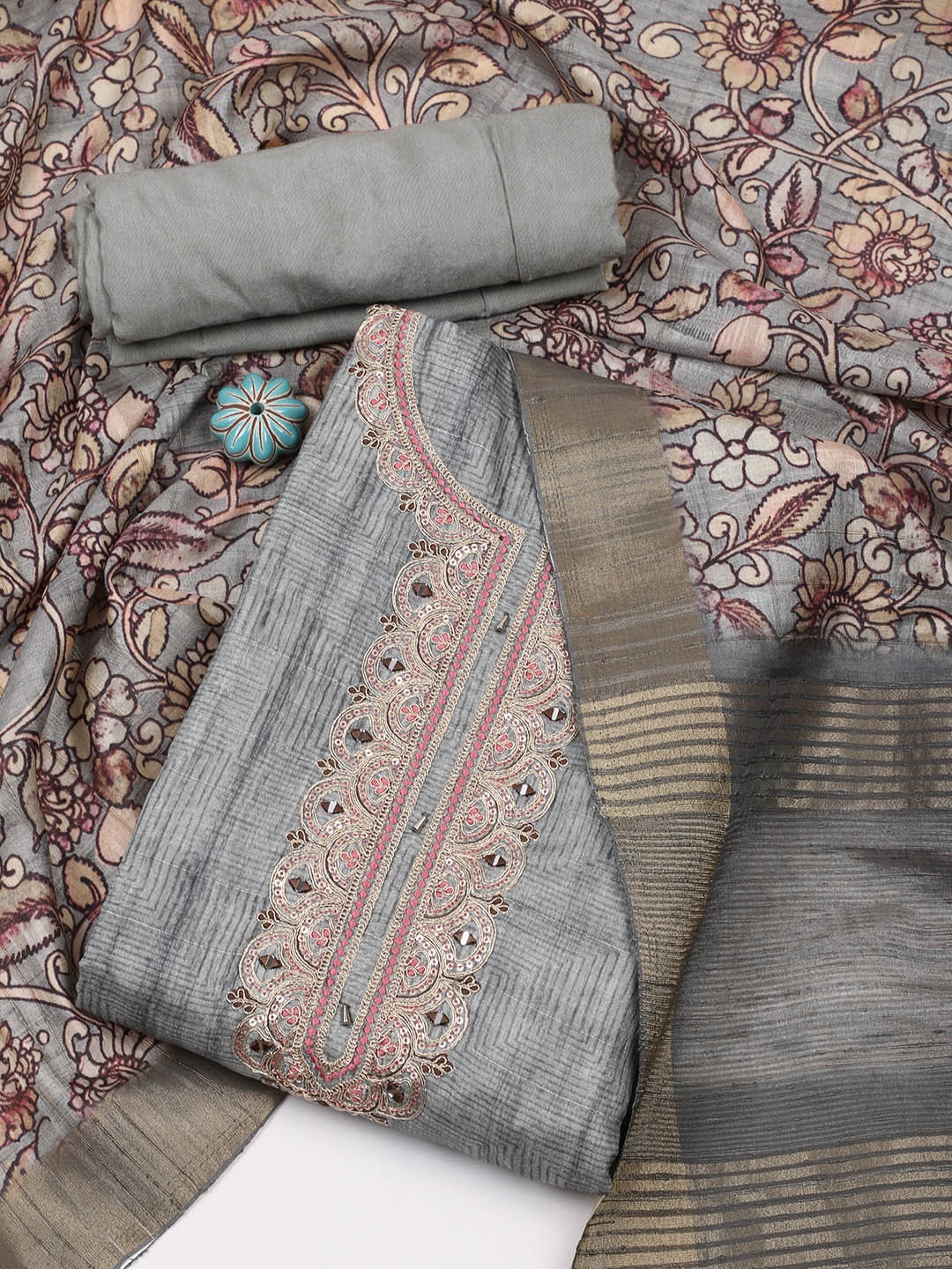 

Meena Bazaar Floral Printed Mirror Work Unstitched Dress Material, Grey