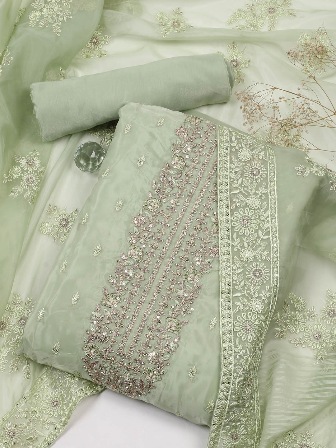 

Meena Bazaar Floral Embroidered Sequinned Organza Unstitched Dress Material, Green