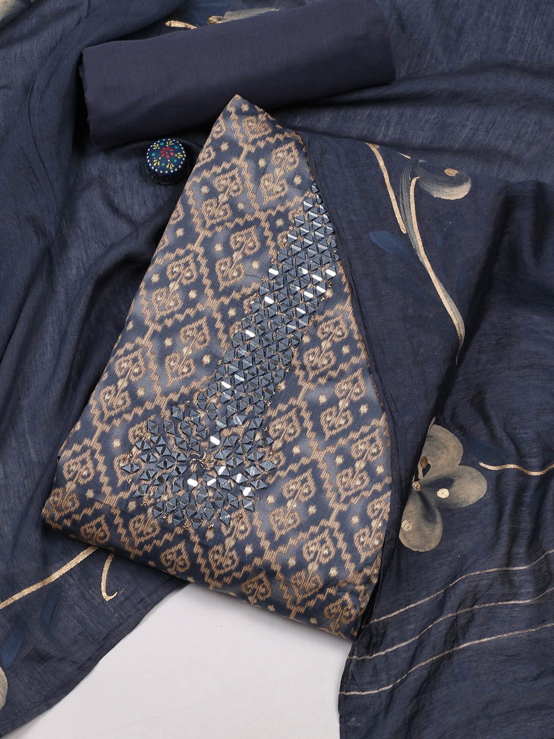 

Meena Bazaar Ethnic Motifs Printed Mirror Work Unstitched Dress Material, Navy blue