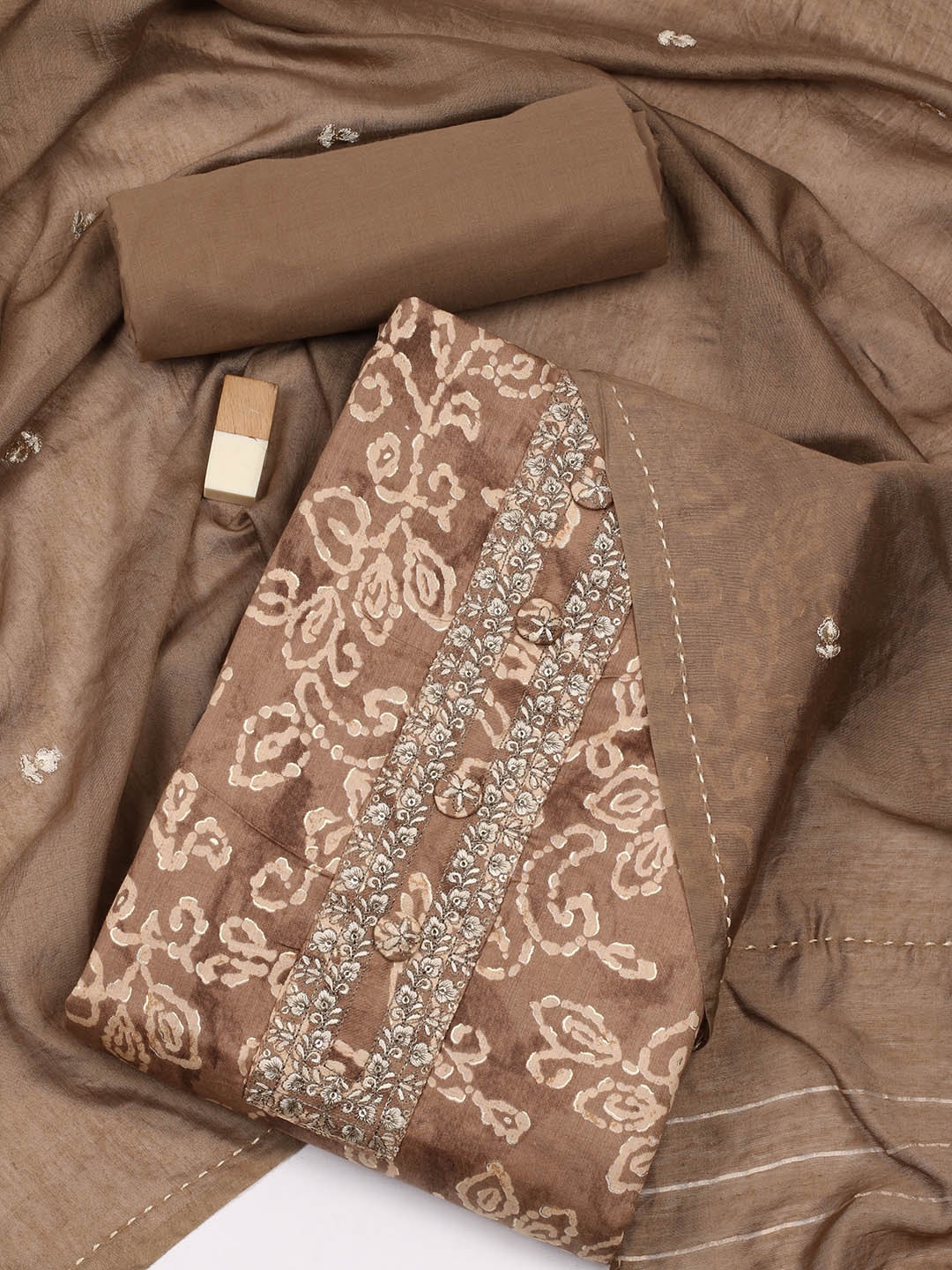 

Meena Bazaar Floral Printed Sequinned Unstitched Dress Material, Brown