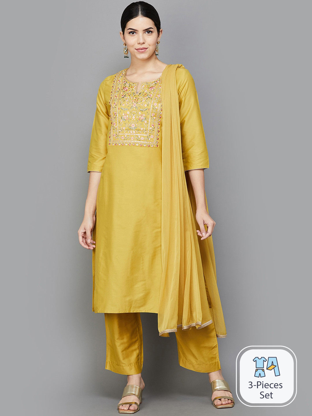 

Melange by Lifestyle Floral Embroidered Thread Work Kurta With Trousers & Dupatta, Yellow