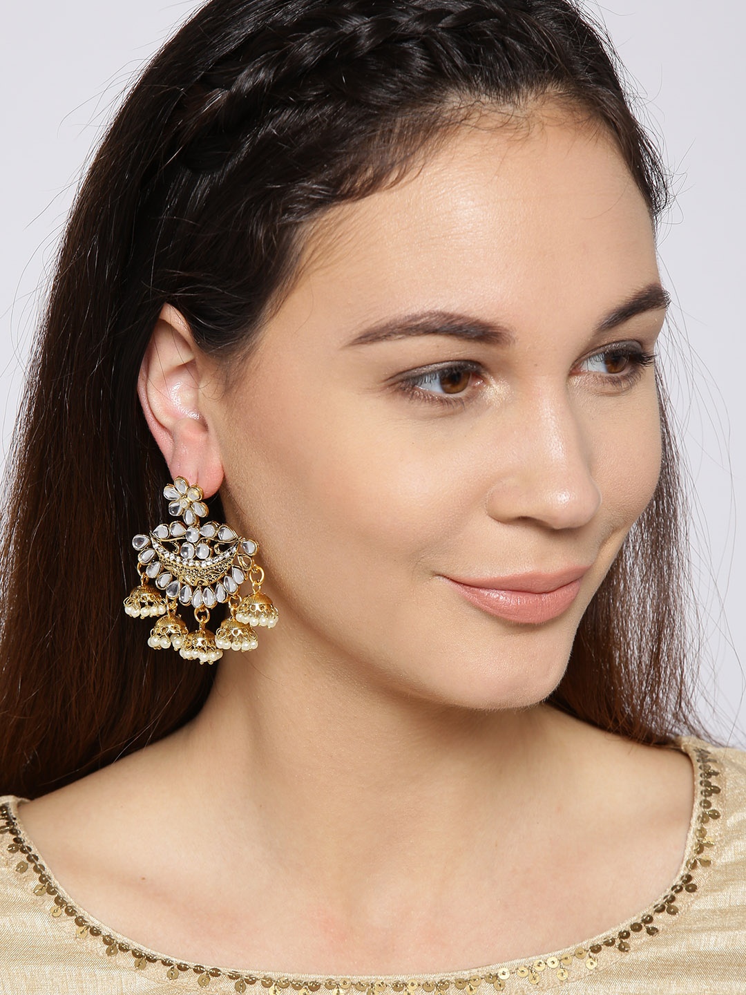 

YouBella Off-White Gold-Plated Stone-Studded Crescent-Shaped Chandbalis