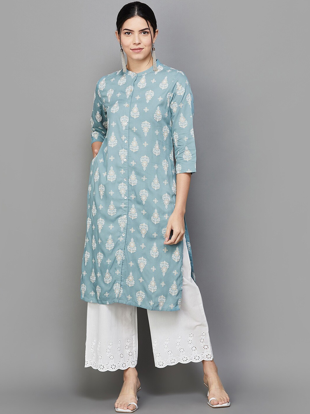 

Melange by Lifestyle Ethnic Motifs Printed Mandarin Collar A-Line Kurta, Blue
