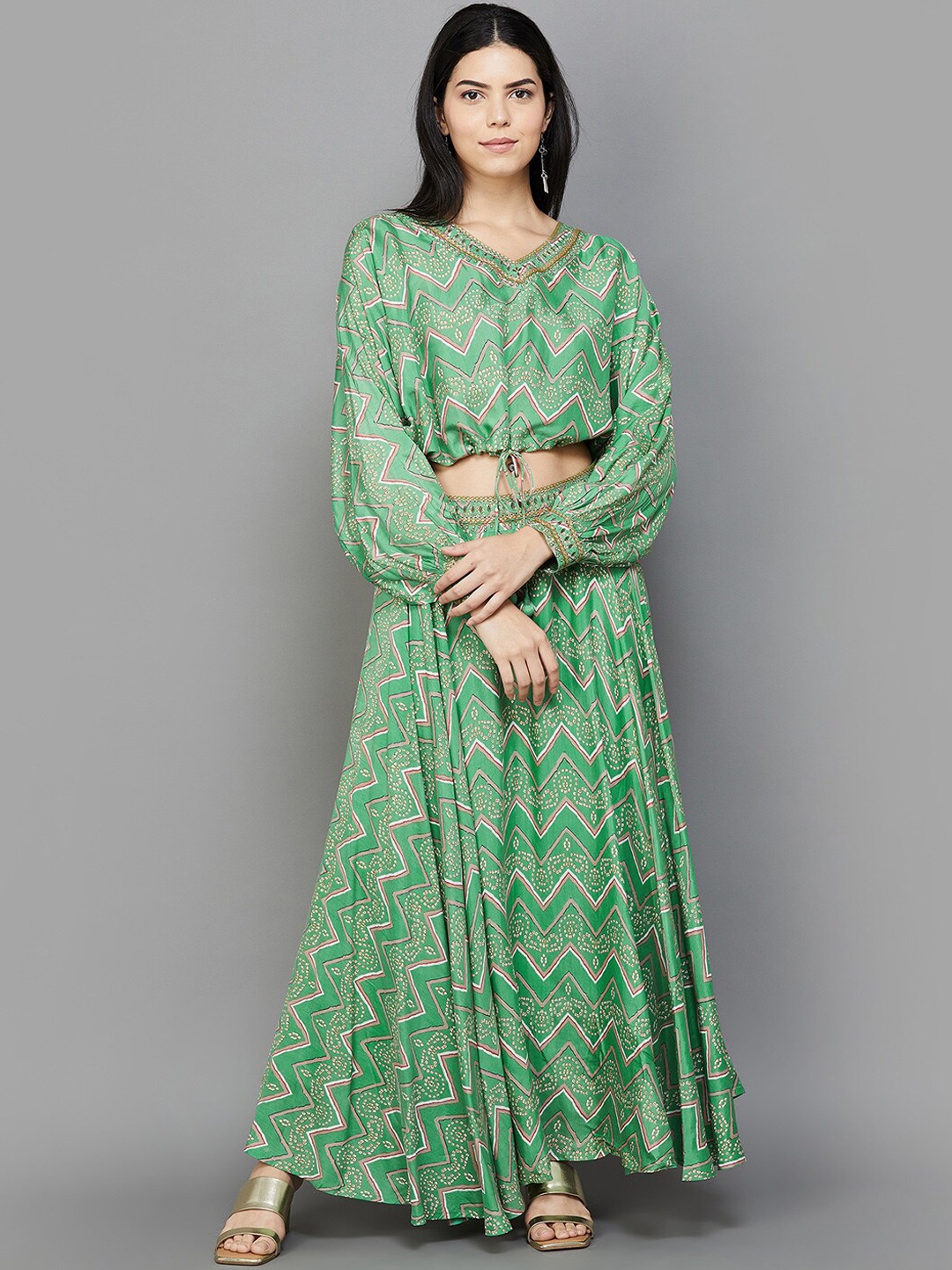 

Melange by Lifestyle Geometric Printed Top With Maxi Skirt, Green