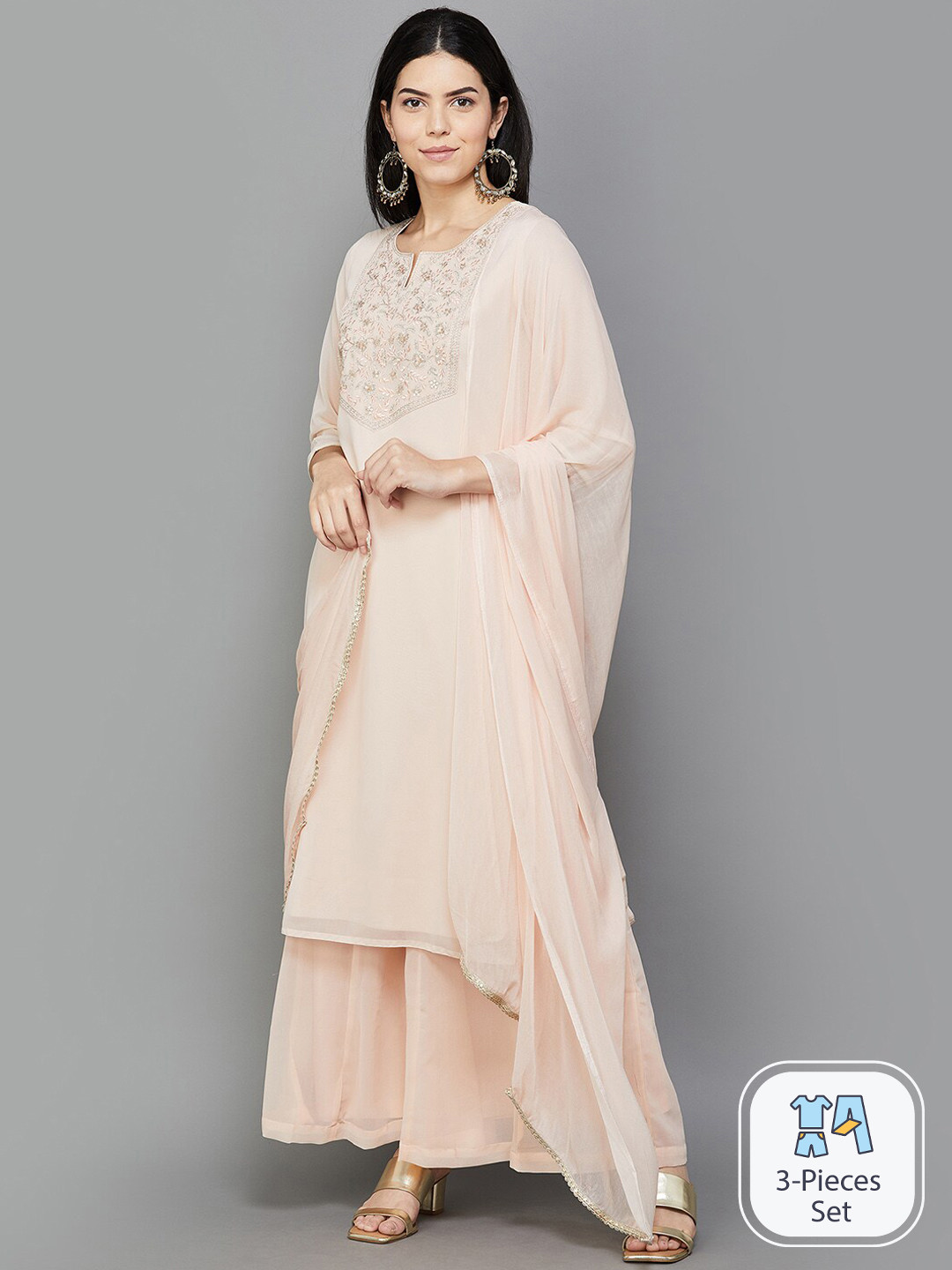 

Melange by Lifestyle Floral Embroidered Sequinned Kurta With Palazzos & Dupatta, Beige