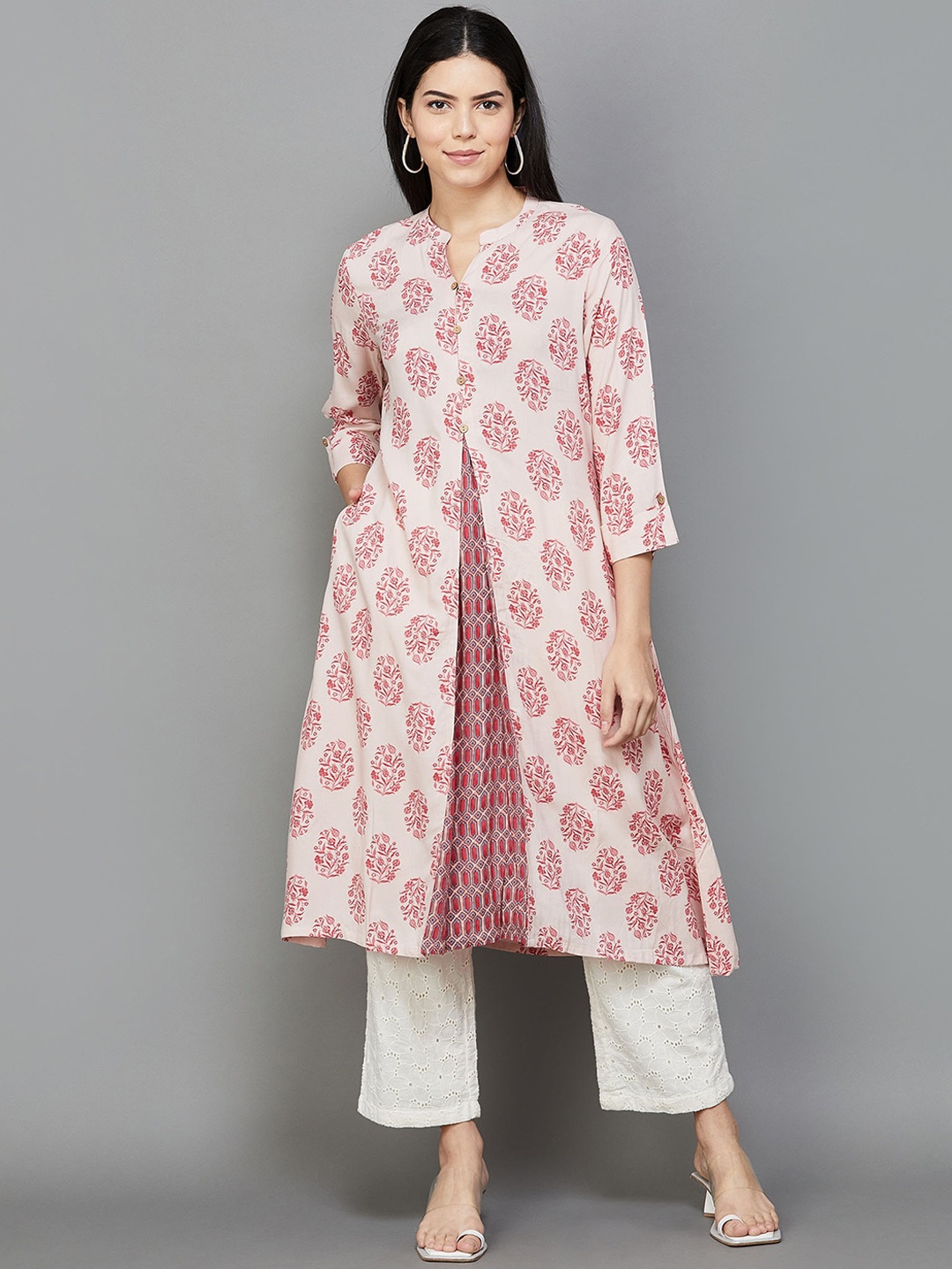 

Melange by Lifestyle Ethnic Motifs Printed Roll Up Sleeves A-Line Kurta, Red