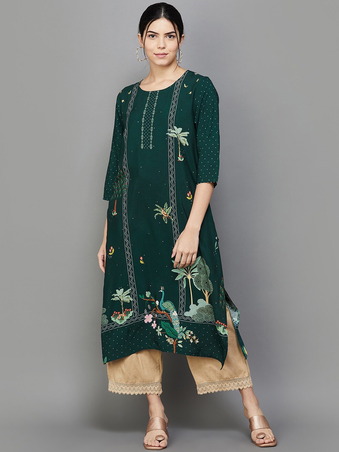 

Melange by Lifestyle Floral Printed Straight Kurta, Green