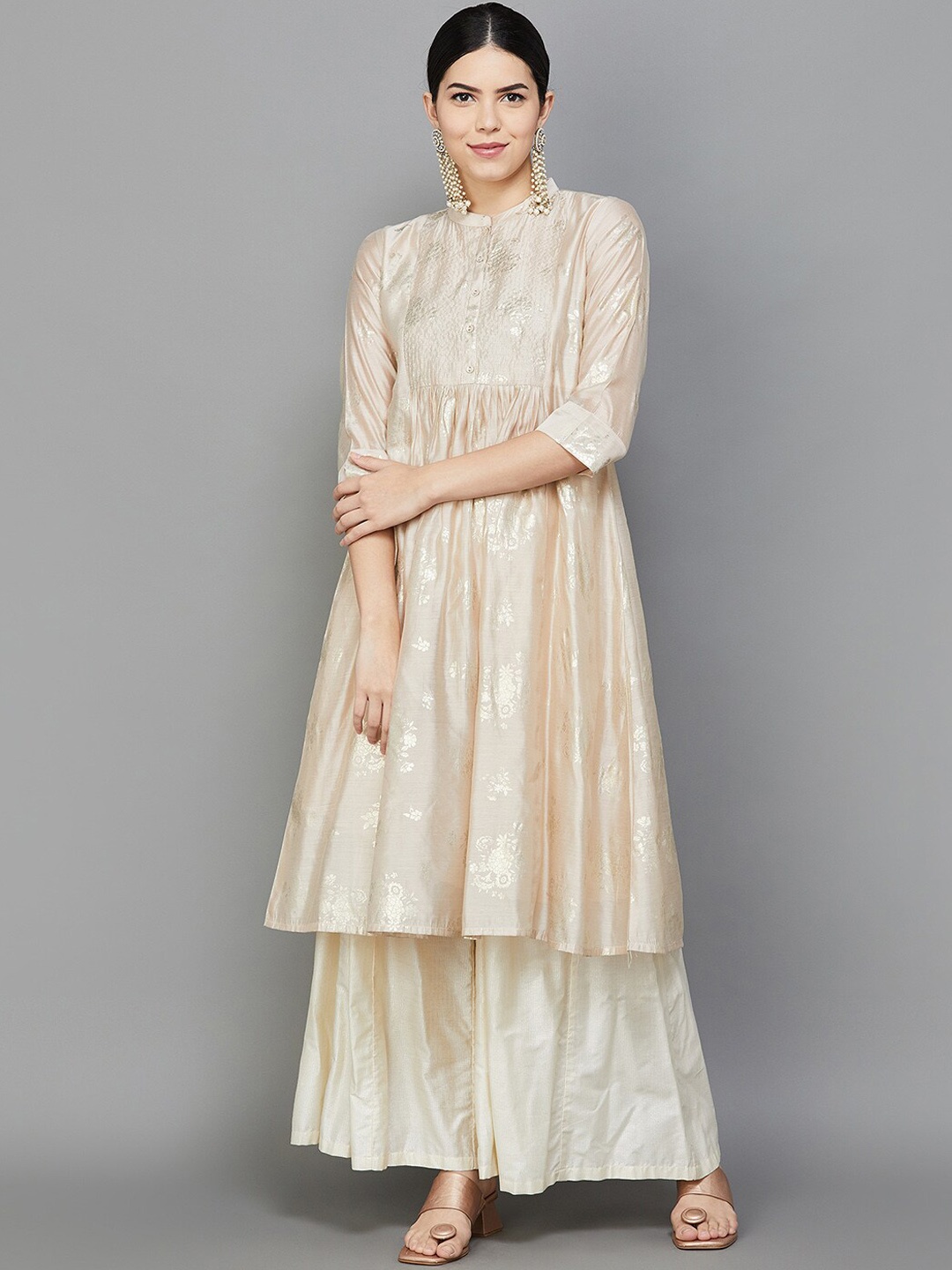 

Melange by Lifestyle Floral Printed Pleated A-Line Kurta, Beige