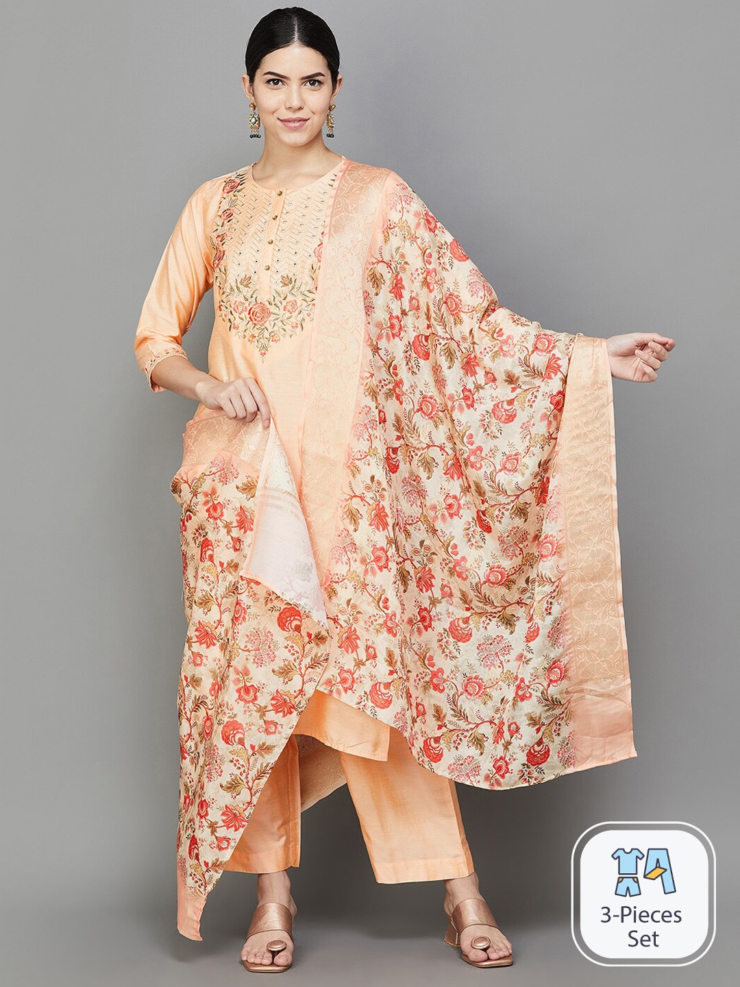

Melange by Lifestyle Floral Embroidered Mirror Work Kurta With Trousers & Dupatta, Peach