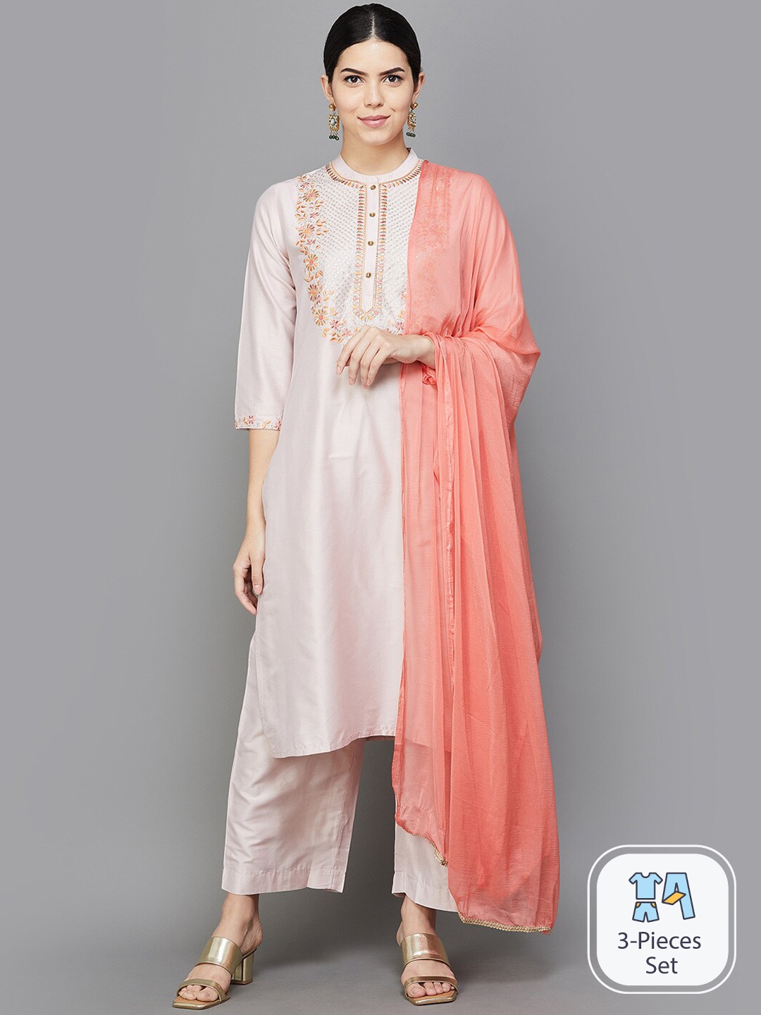 

Melange by Lifestyle Floral Yoke Design Thread Work Straight Kurta & Trousers With Dupatta, Beige