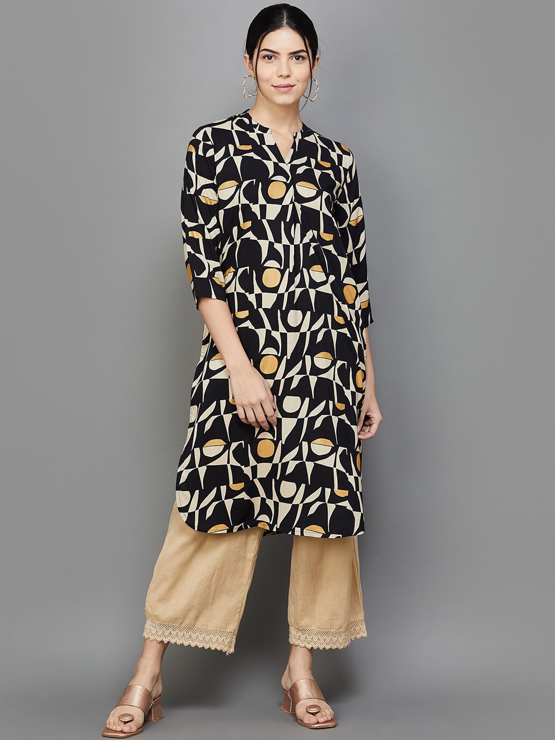 Melange by Lifestyle Geometric Printed Mandarin Collar Regular Kurta, Black