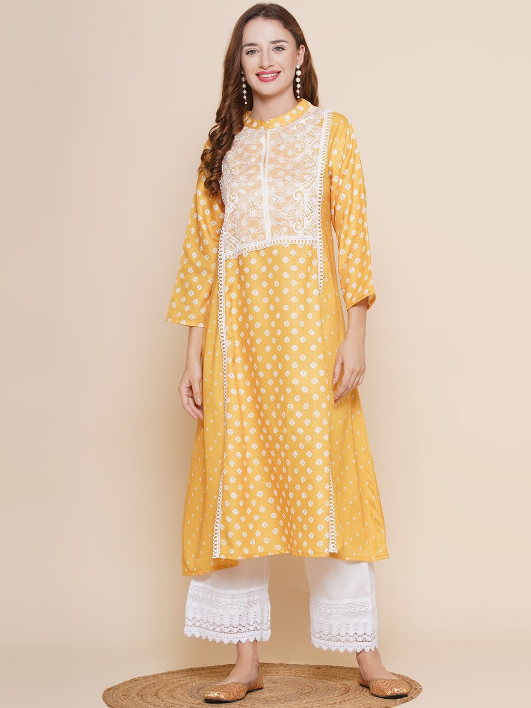 

Bhama Couture Bandhani Printed A-Line Kurta With Palazzos, Yellow