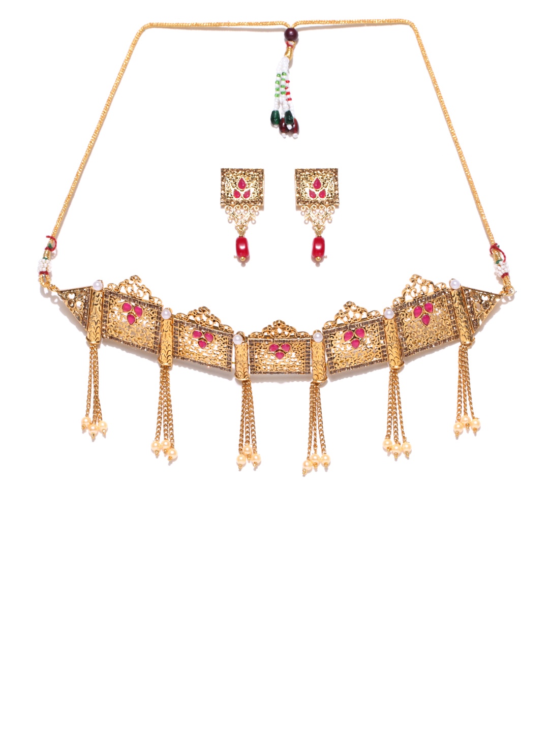 

YouBella Gold-Toned & Maroon Stone-Studded Beaded Jewellery Set