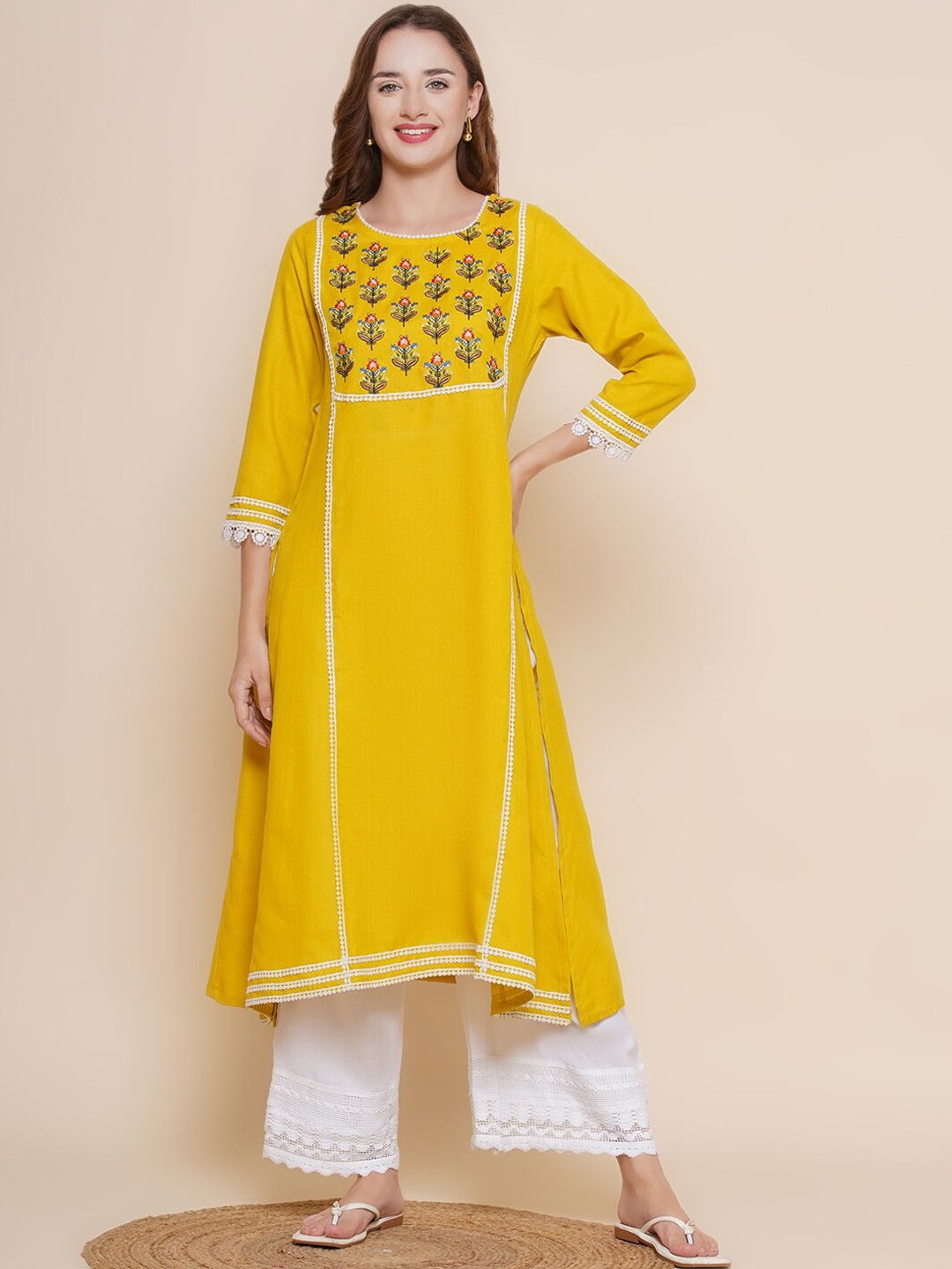 

Bhama Couture Floral Yoke Design Regular Thread Work Kurta with Palazzos, Mustard