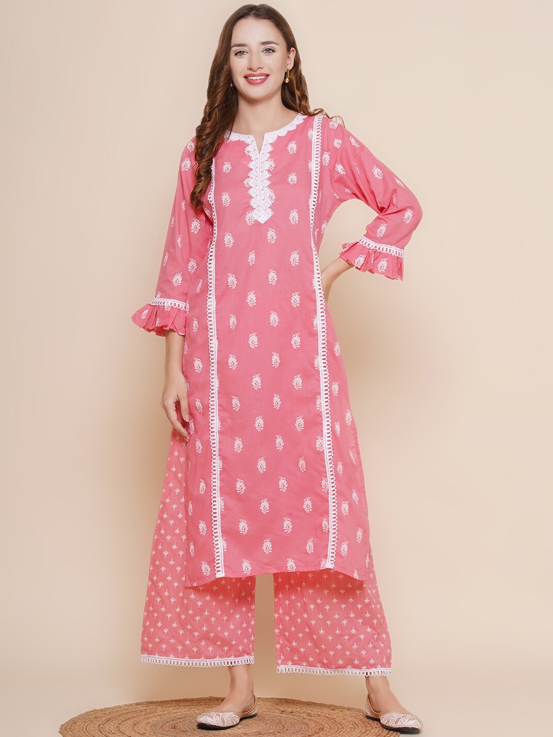 

Bhama Couture Ethnic Motifs Printed Thread Work Pure Cotton Kurta with Palazzos, Pink