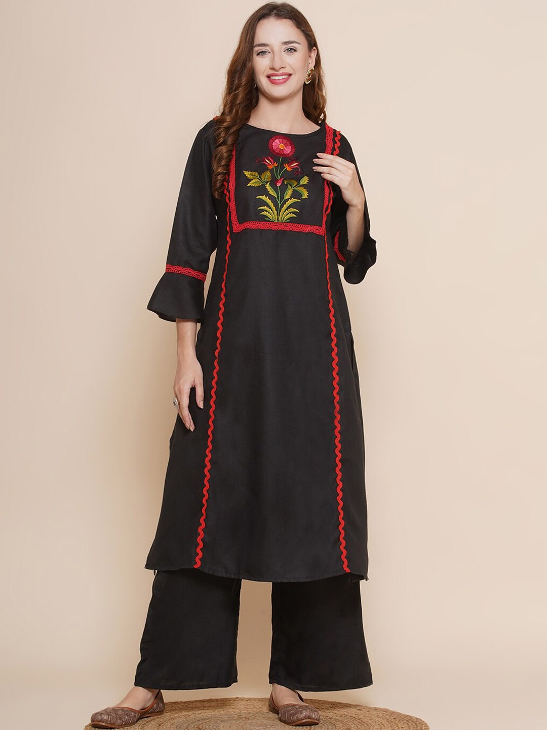 

Bhama Couture Floral Embroidered Yoke Design Straight Kurta With Palazzos, Black