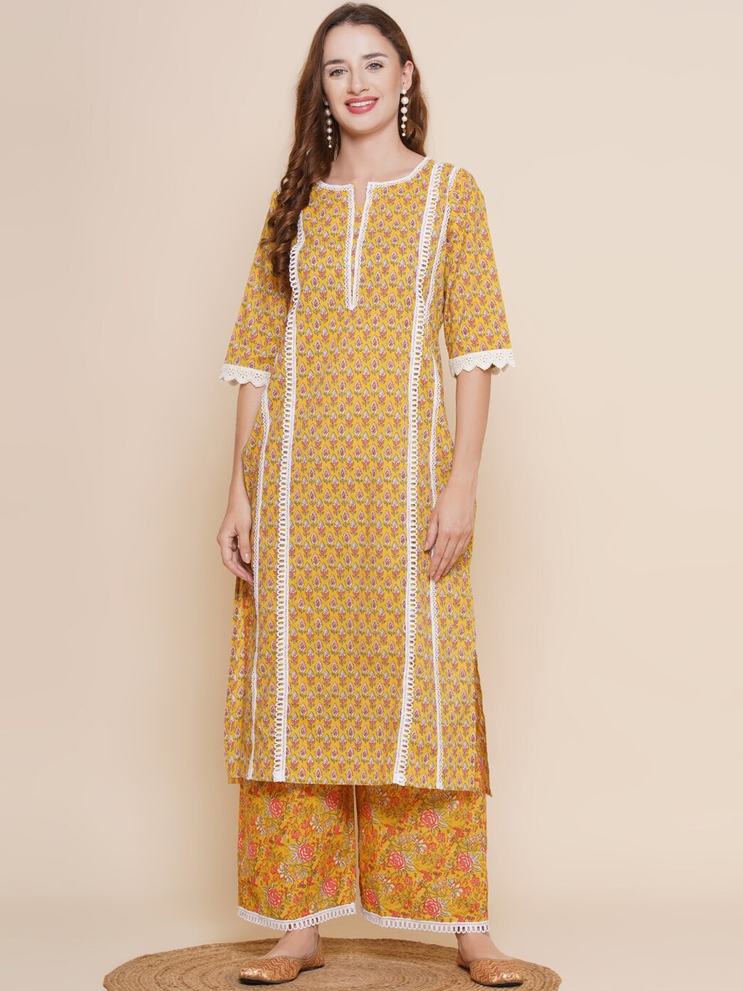 

Bhama Couture Ethnic Motifs Printed Regular Thread Work Pure Cotton Kurta with Palazzos, Yellow