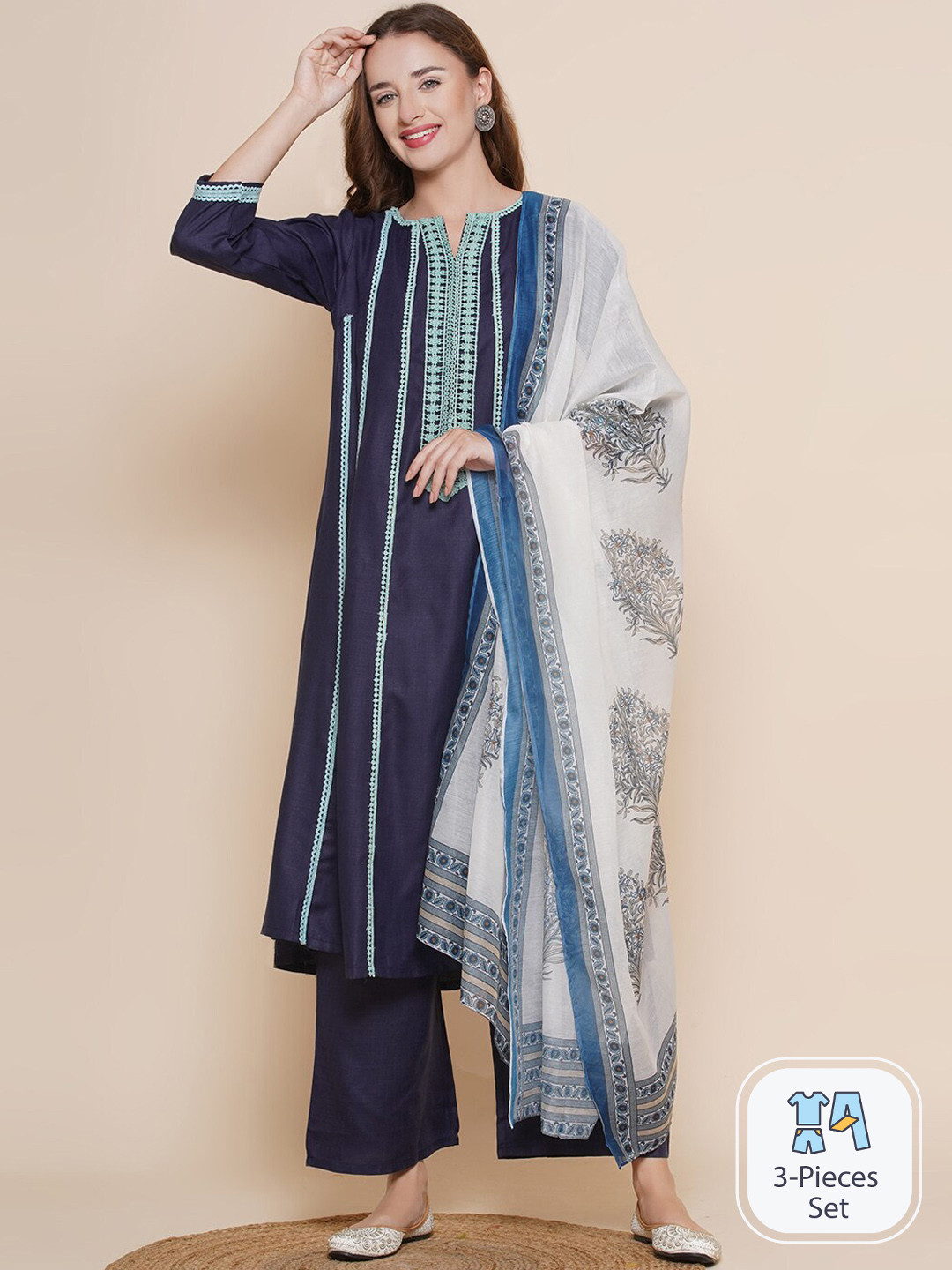 

Bhama Couture Lace Work A-Line Kurta with Palazzos & With Dupatta, Navy blue