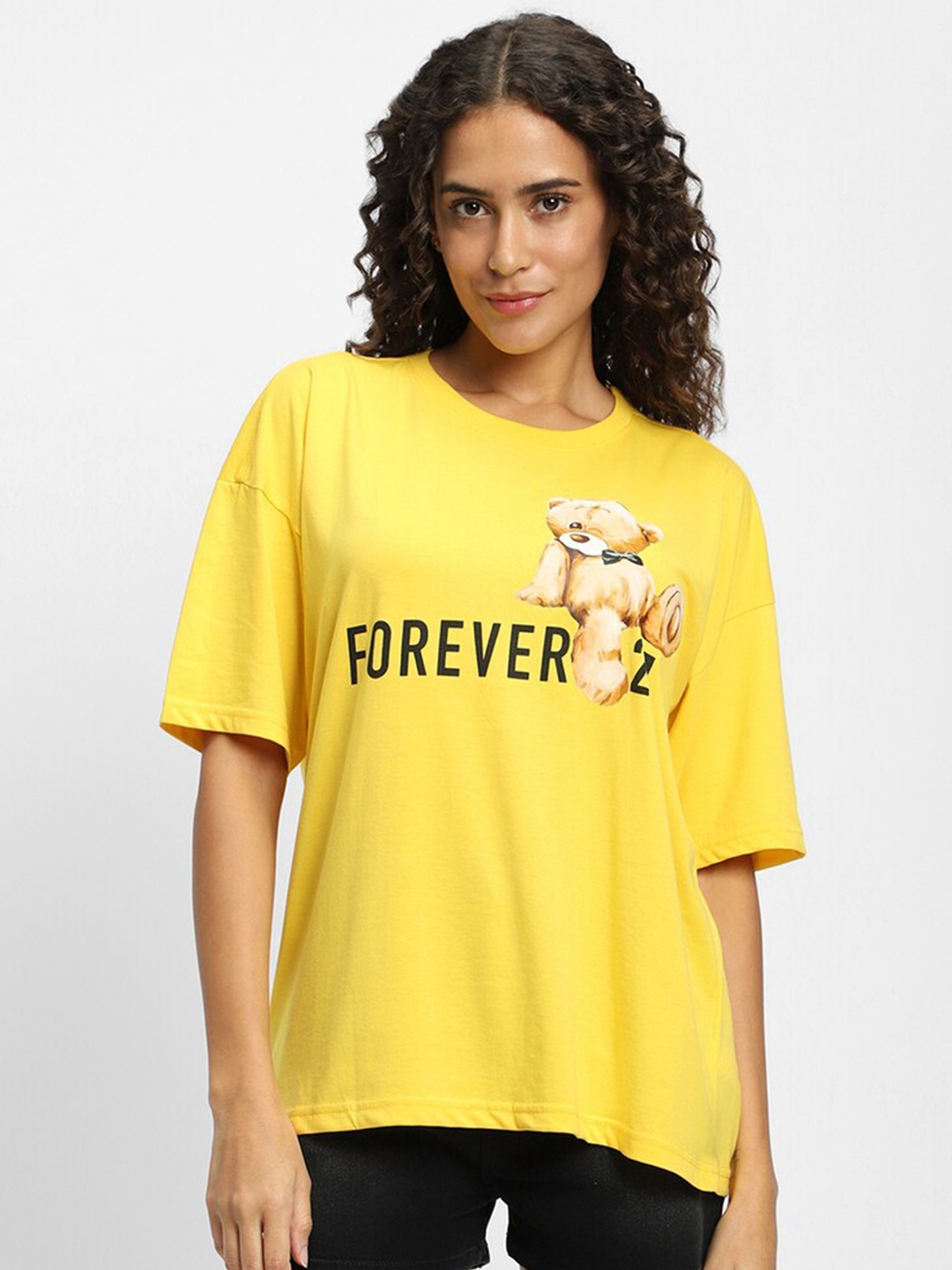 FOREVER 21 Graphic Printed Round Neck Short Sleeve Cotton T-Shirt, Yellow