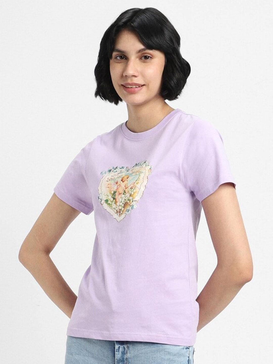

FOREVER 21 Graphic Printed Round Neck Short Sleeve Cotton T-Shirt, Purple