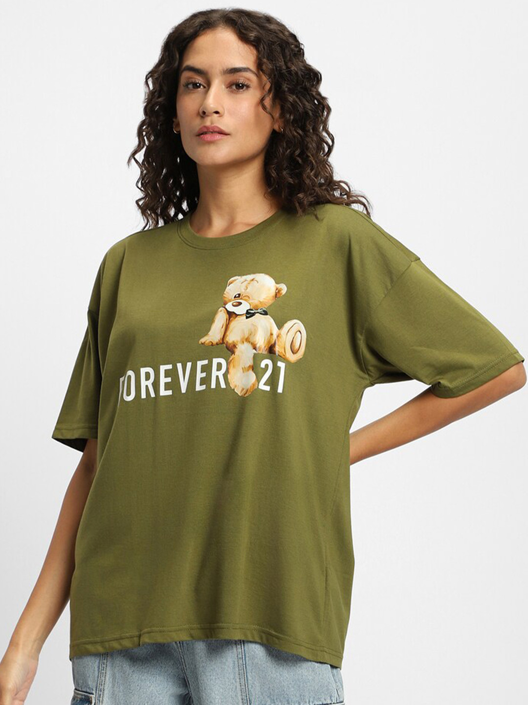 

FOREVER 21 Graphic Printed Round Neck Short Sleeve Cotton T-Shirt, Green