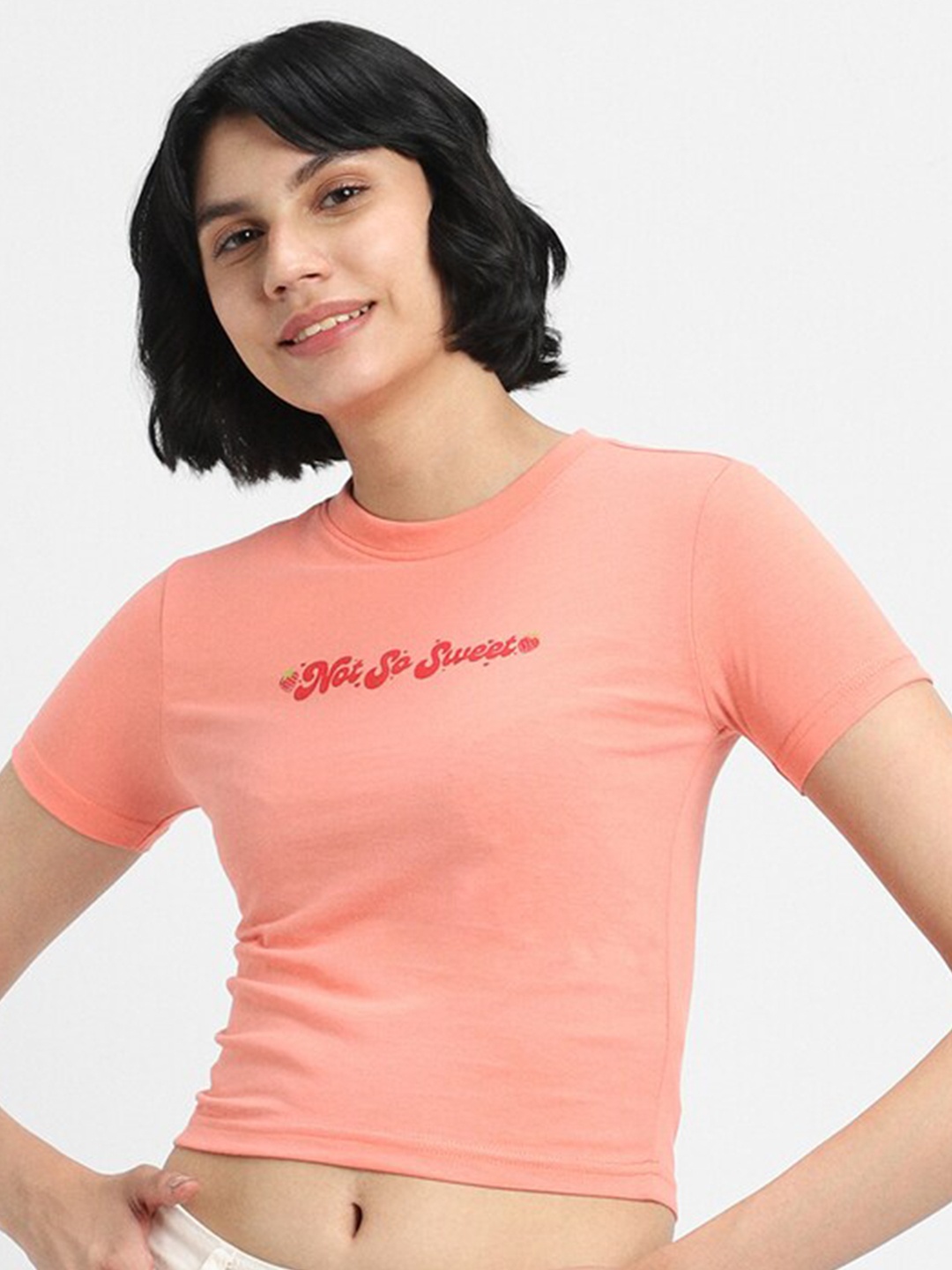 

FOREVER 21 Typography Printed Round Neck Short Sleeve Cotton T-Shirt, Peach