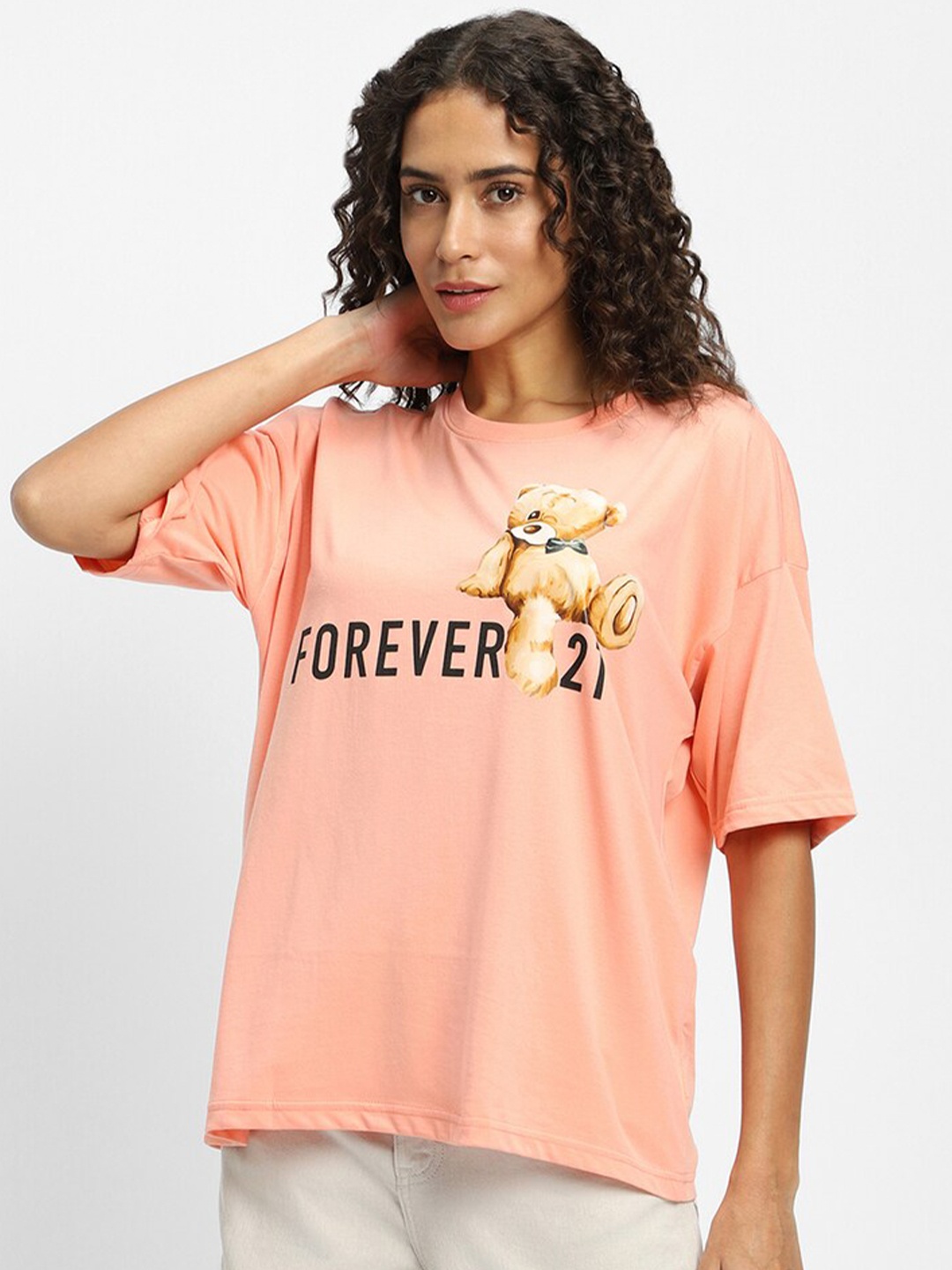 

FOREVER 21 Graphic Printed Round Neck Short Sleeve Cotton T-Shirt, Pink