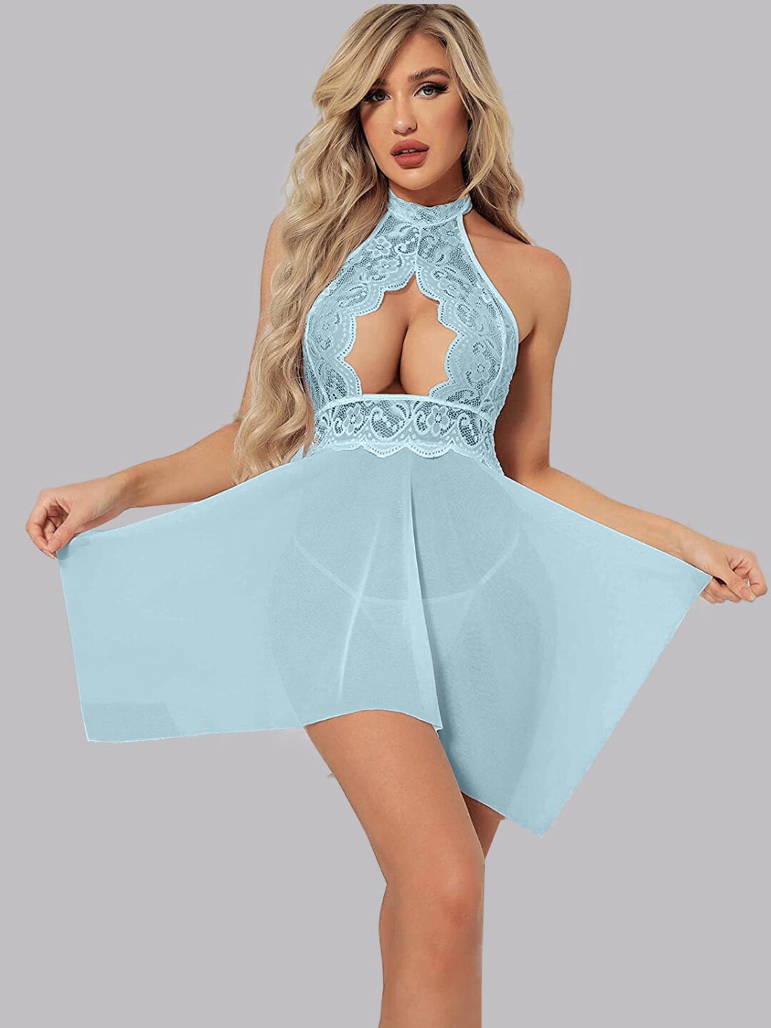 

FIMBUL Self Design Net Halter Neck Baby Doll, Blue