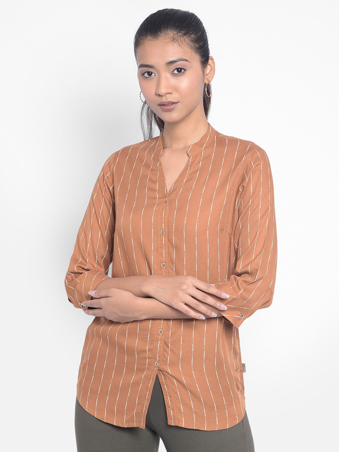 

Crimsoune Club Vertical Striped Mandarin Collar Classic Cotton Casual Shirt, Brown