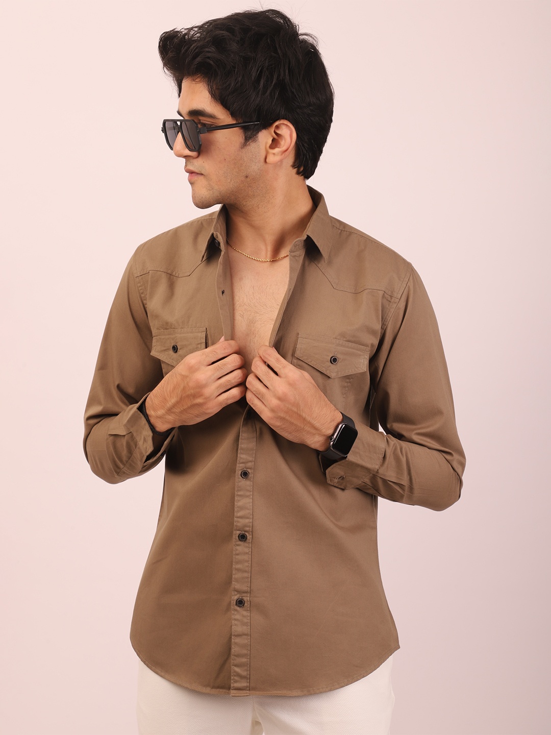 

DEZANO Relaxed Twill Spread Collar Cotton Casual Shirt, Brown