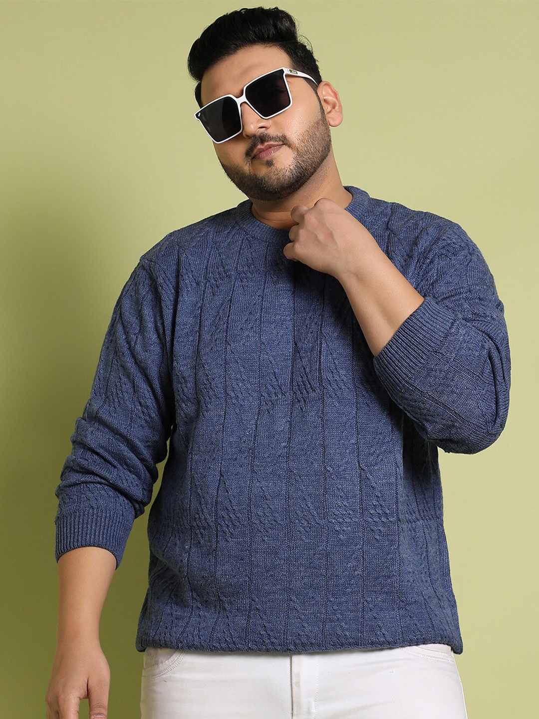 

Instafab Plus Self Design Cable Knit Woollen Pullover, Blue