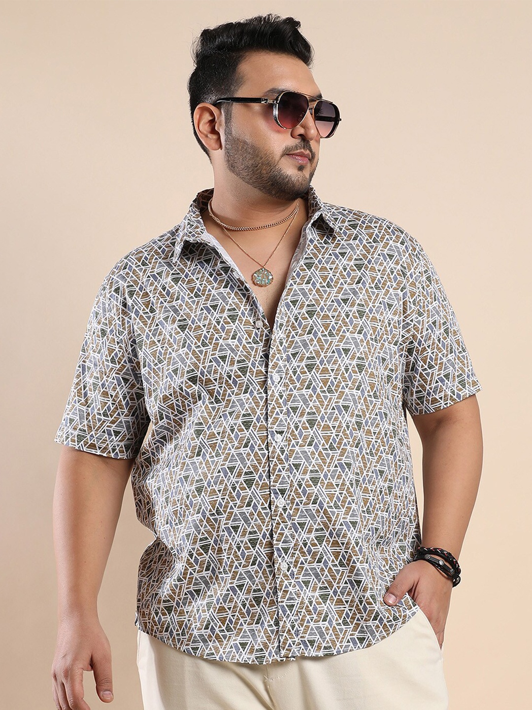 

Instafab Plus Classic Geometric Printed Cotton Shirt, White