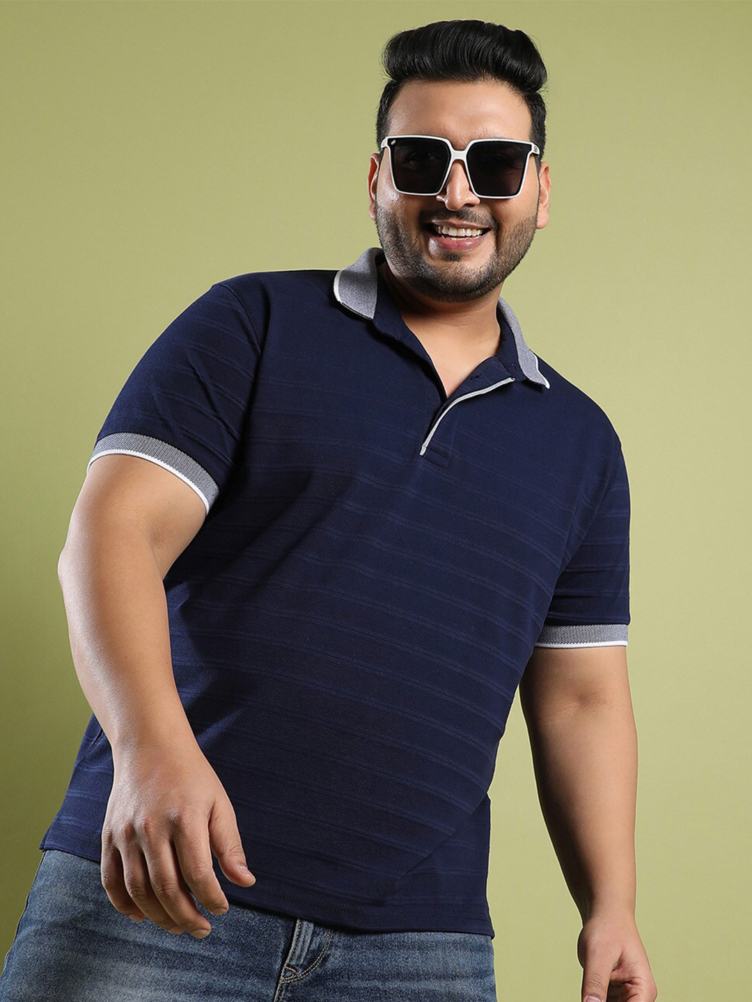 

Instafab Plus Self Design Polo Collar Cotton T-shirt, Blue