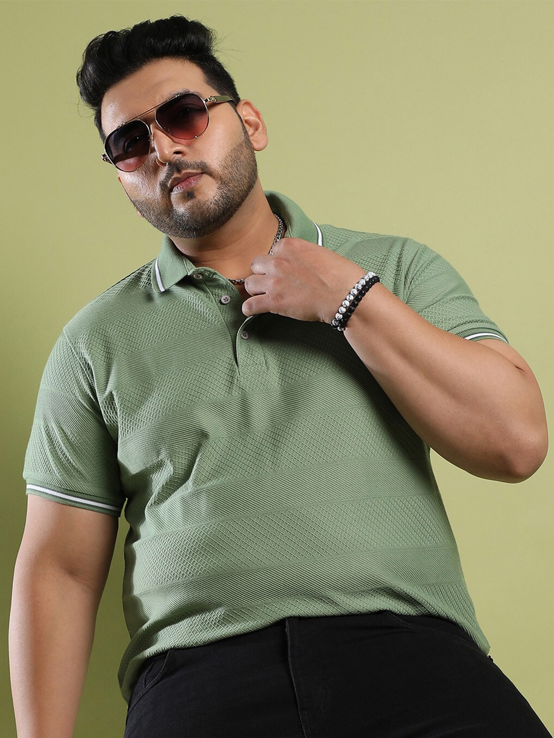 

Instafab Plus Size Horizontal Striped Polo Collar Cotton T-shirt, Olive