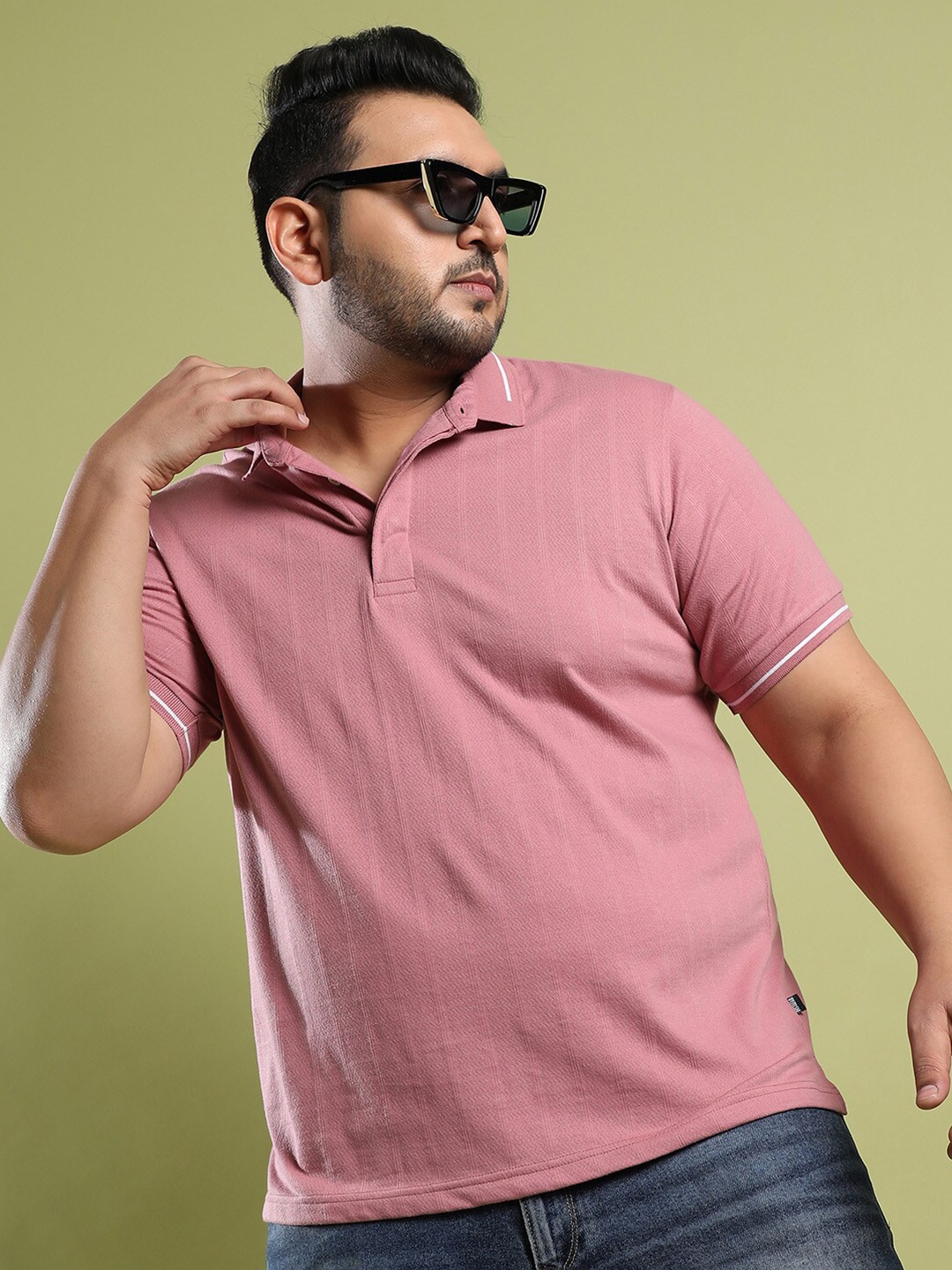 

Instafab Plus Size Striped Polo Collar Cotton T-shirt, Pink