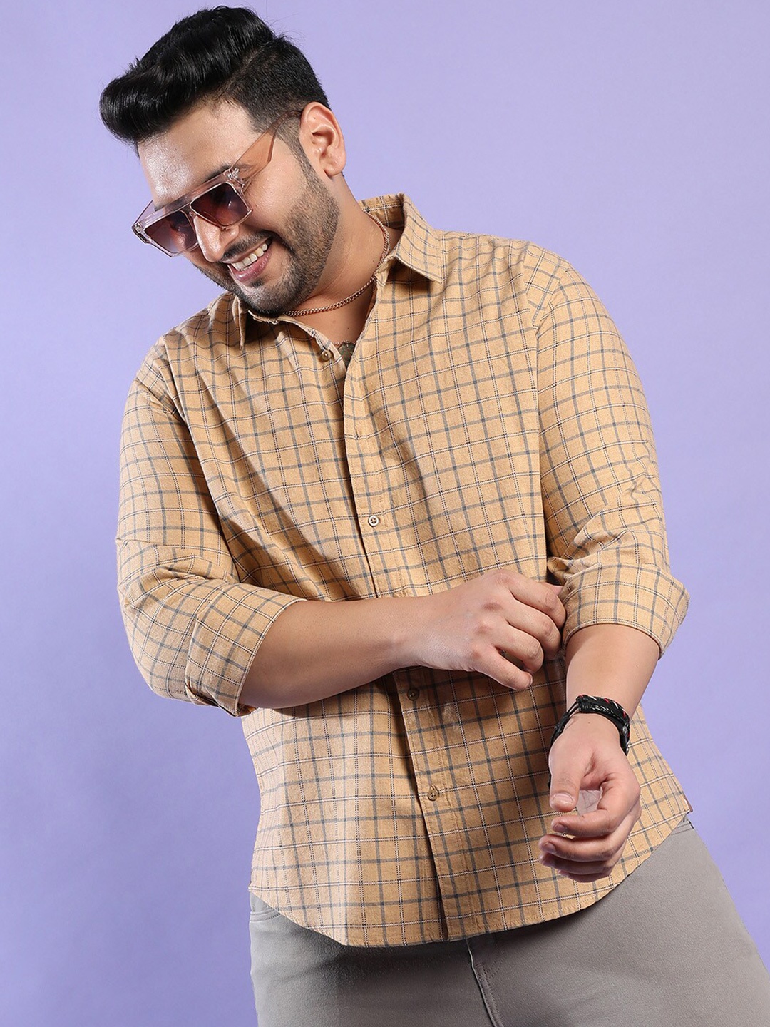 

Instafab Plus Size Checked Classic Regular Fit Cotton Casual Shirt, Beige