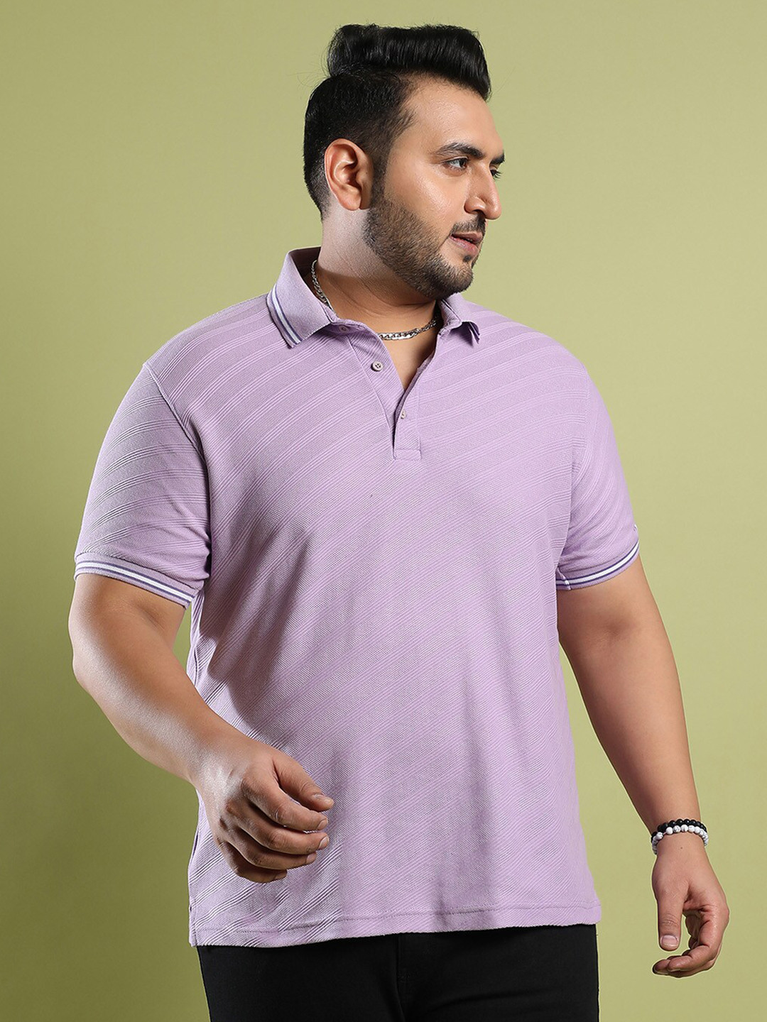 

Instafab Plus Size Striped Polo Collar Cotton T-shirt, Lavender
