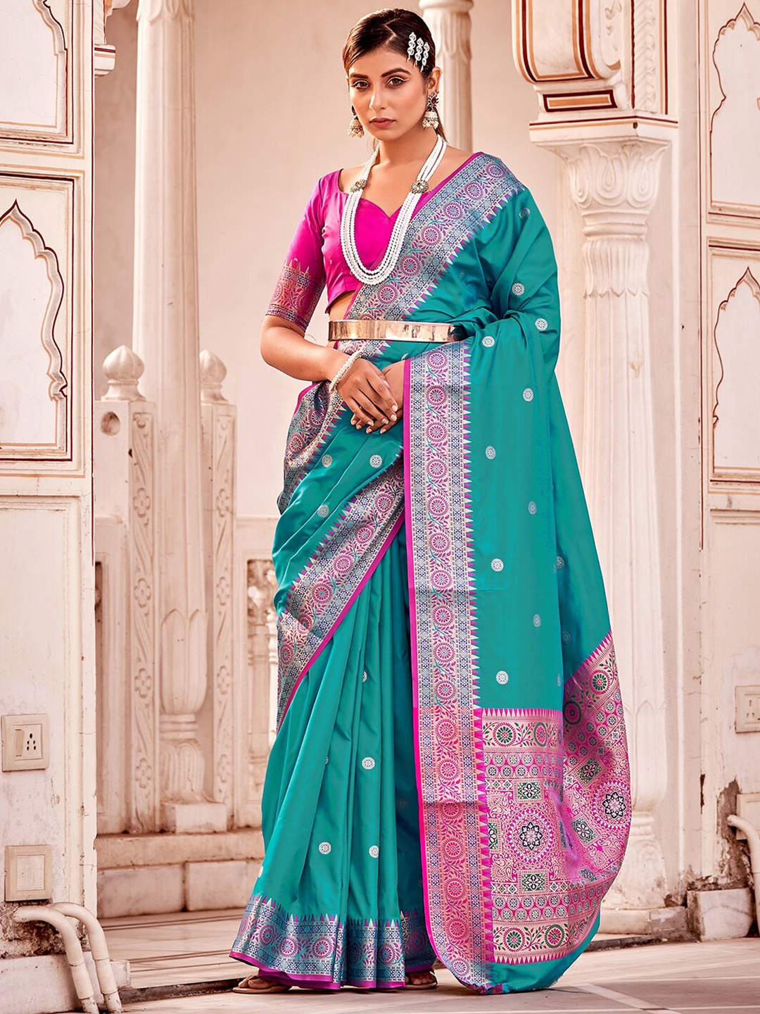

Mitera Ethnic Motifs Woven Design Zari Silk Blend Fusion Saree, Turquoise blue