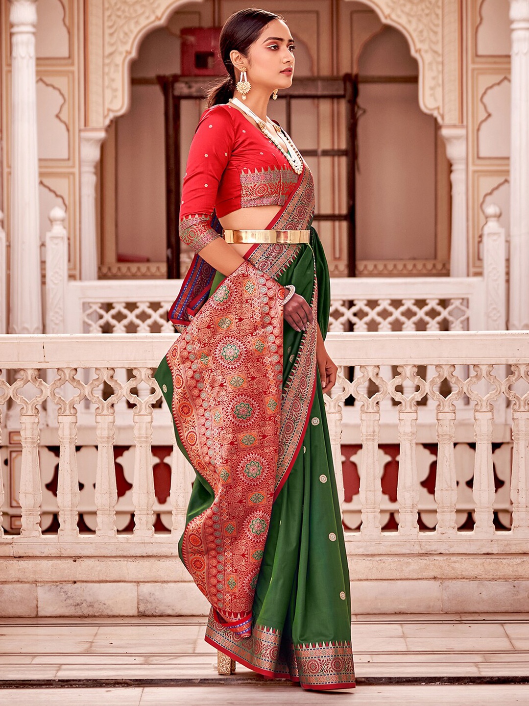 

Mitera Ethnic Motifs Woven Design Zari Silk Blend Saree, Green