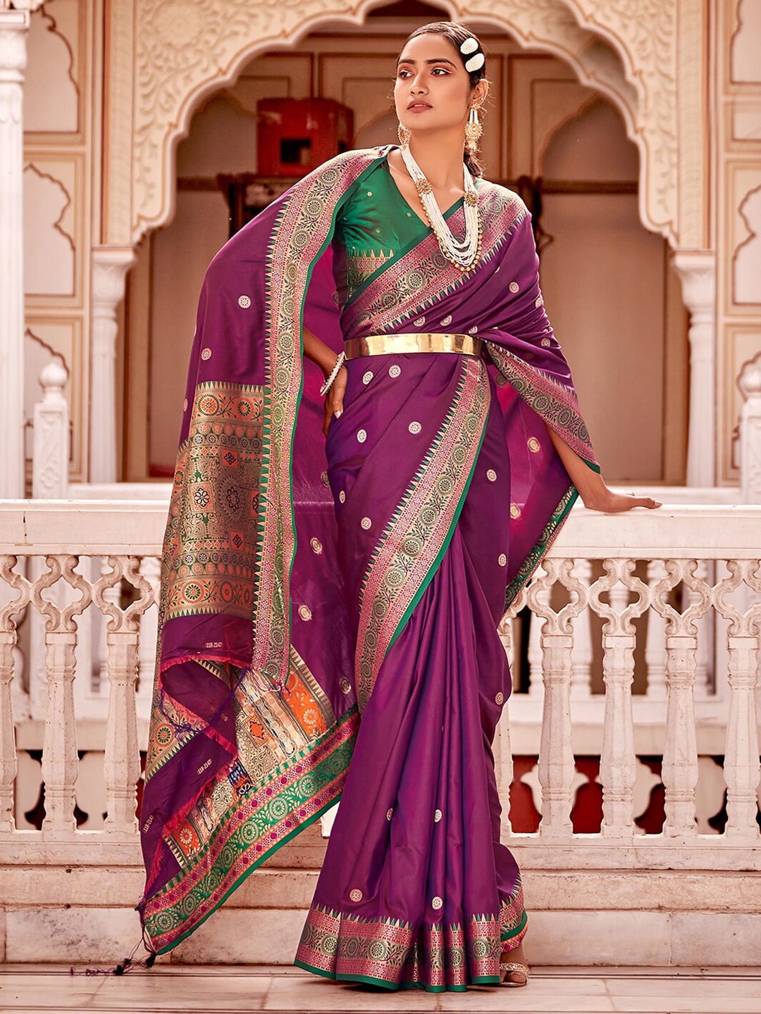 

Mitera Ethnic Motifs Woven Design Zari Silk Blend Saree, Purple