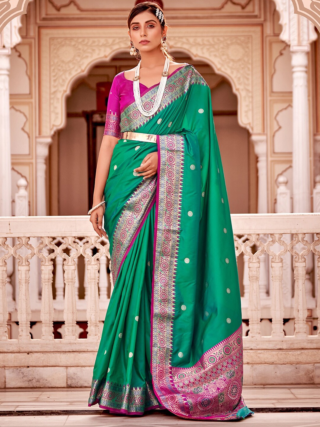 

Mitera Ethnic Motifs Woven Design Zari Silk Blend Saree, Teal