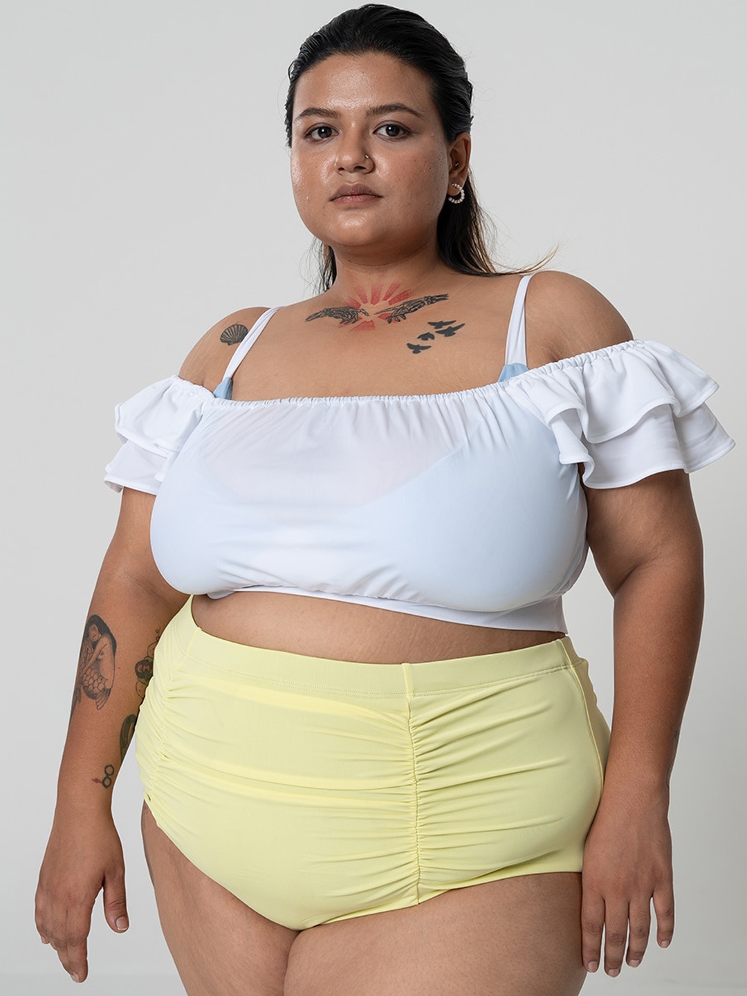 

SPIRIT ANIMAL Plus Size Ruffled Shoulder Strapped Swim Top, White