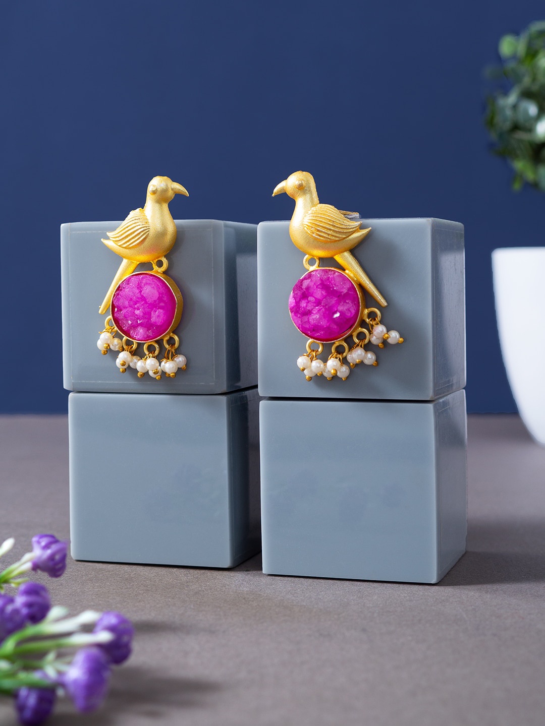 

Golden Peacock Agate-Studded Drop Earrings, Pink