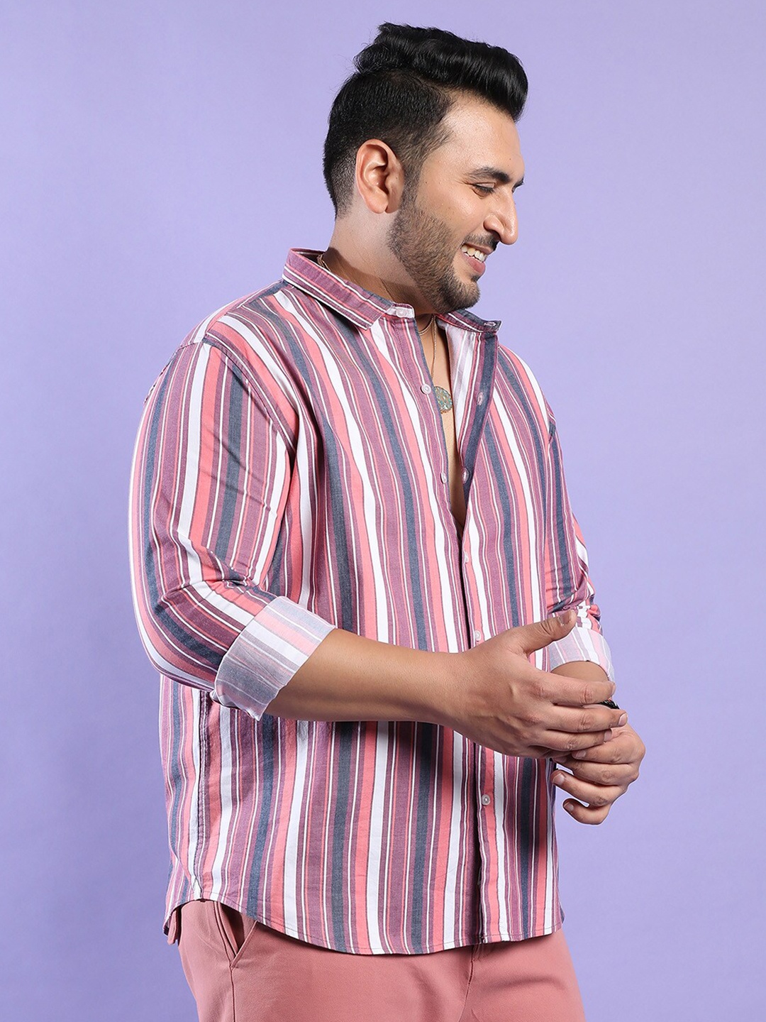 

Instafab PlusSize Classic Opaque Striped Cotton Casual Shirt, Pink