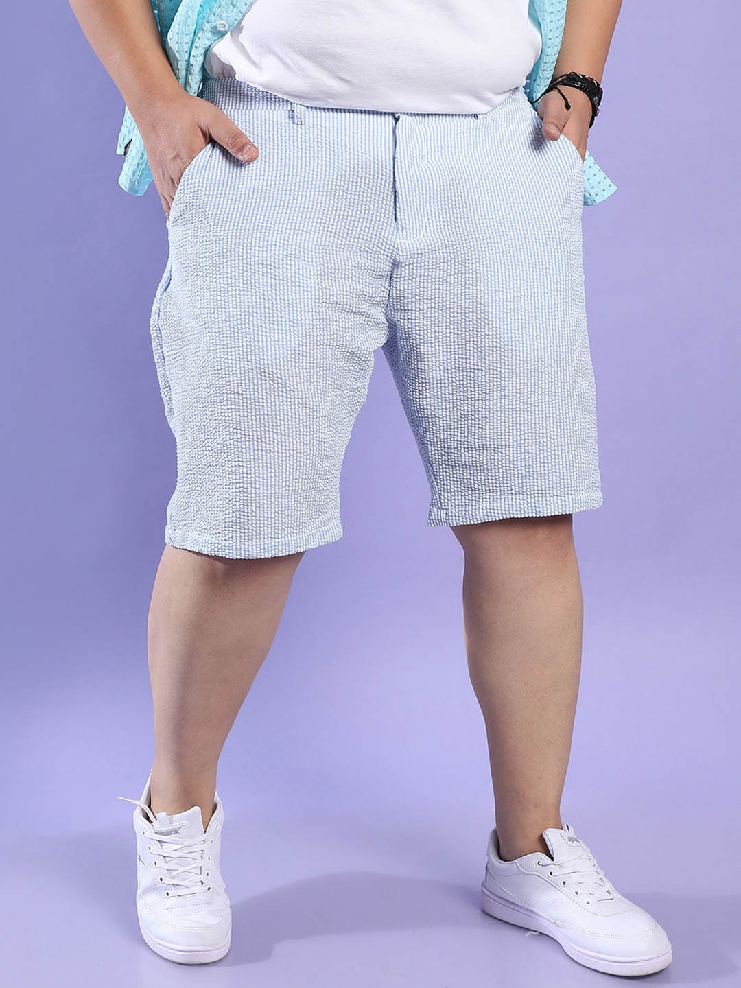 Instafab Plus Plus Size Self Design Regular Fit Mid-Rise Cotton Regular Shorts, Blue